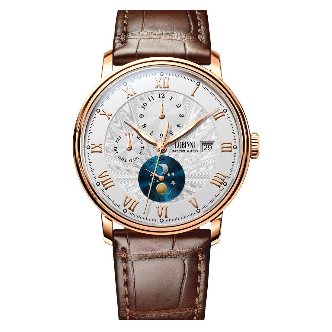 LOBINNI Men's Automatic Luxury Dress Watch - Self-Winding Mechanical Movement, 50m Waterproof, Displays Month, Week, Date & 24-Hour Day/Night - Perfect for Business, Formal Events & Everyday Wear