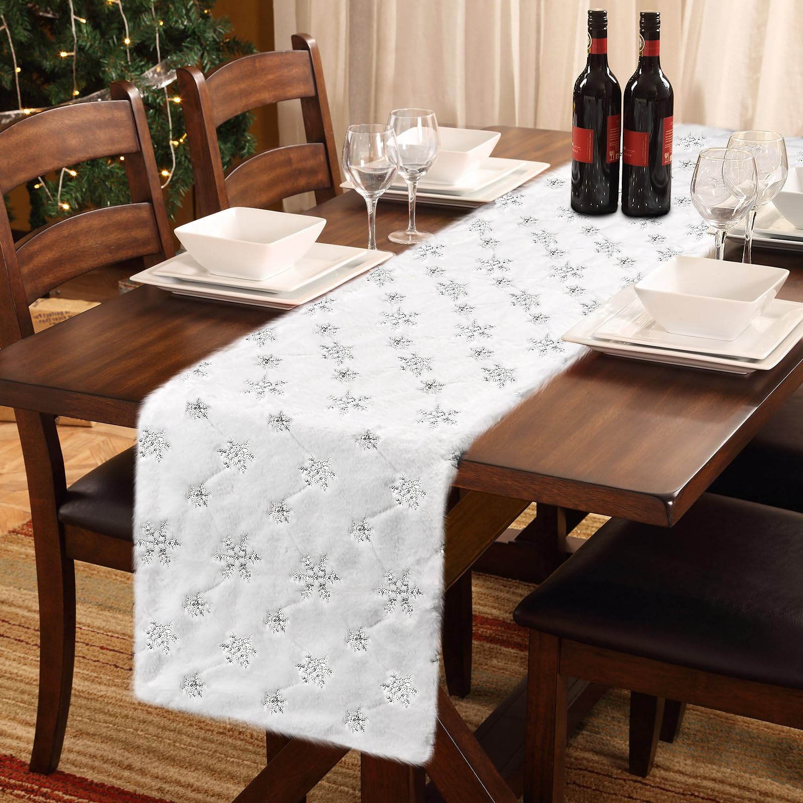 Yuboo White and Silver Sequin Snowflakes Fur Christmas Table Runner - 72 Inch Snow Furry Dresser Runner for Holiday Decor, Xmas Table & Bed Decoration - Perfect for Christmas Parties, Winter Home Decor & Festive Dining Settings