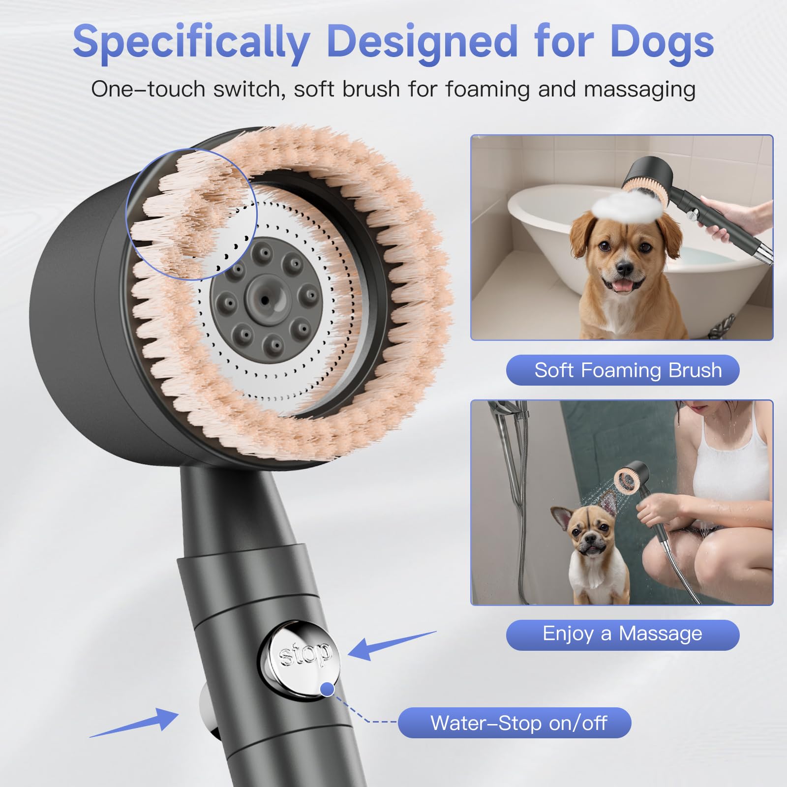 Soft Brush Dog Shower Head Attachment with ON/OFF Button - 5 Spray Modes, Metal Diverter, 6.5ft Stainless Steel Hose & Adhesive Shower Holder - Perfect for Bathing Pets Indoors & Grooming Dogs at Home