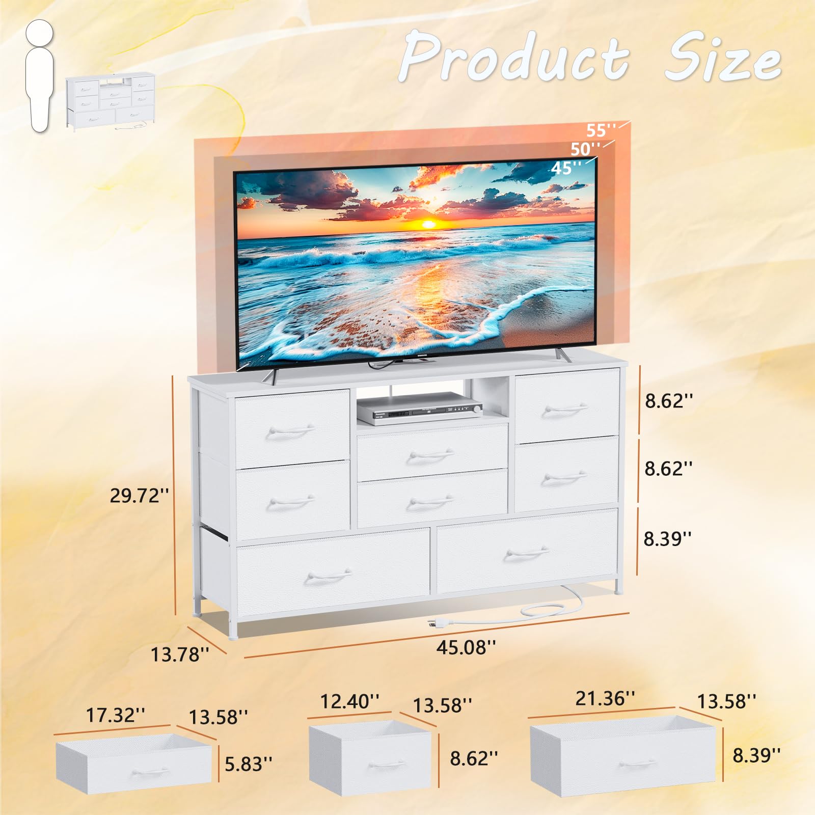 Modern White Dresser with Power Outlet - 8-Drawer Storage Chest for Bedroom, Living Room, Entryway & Hallway - Perfect TV Stand for 55