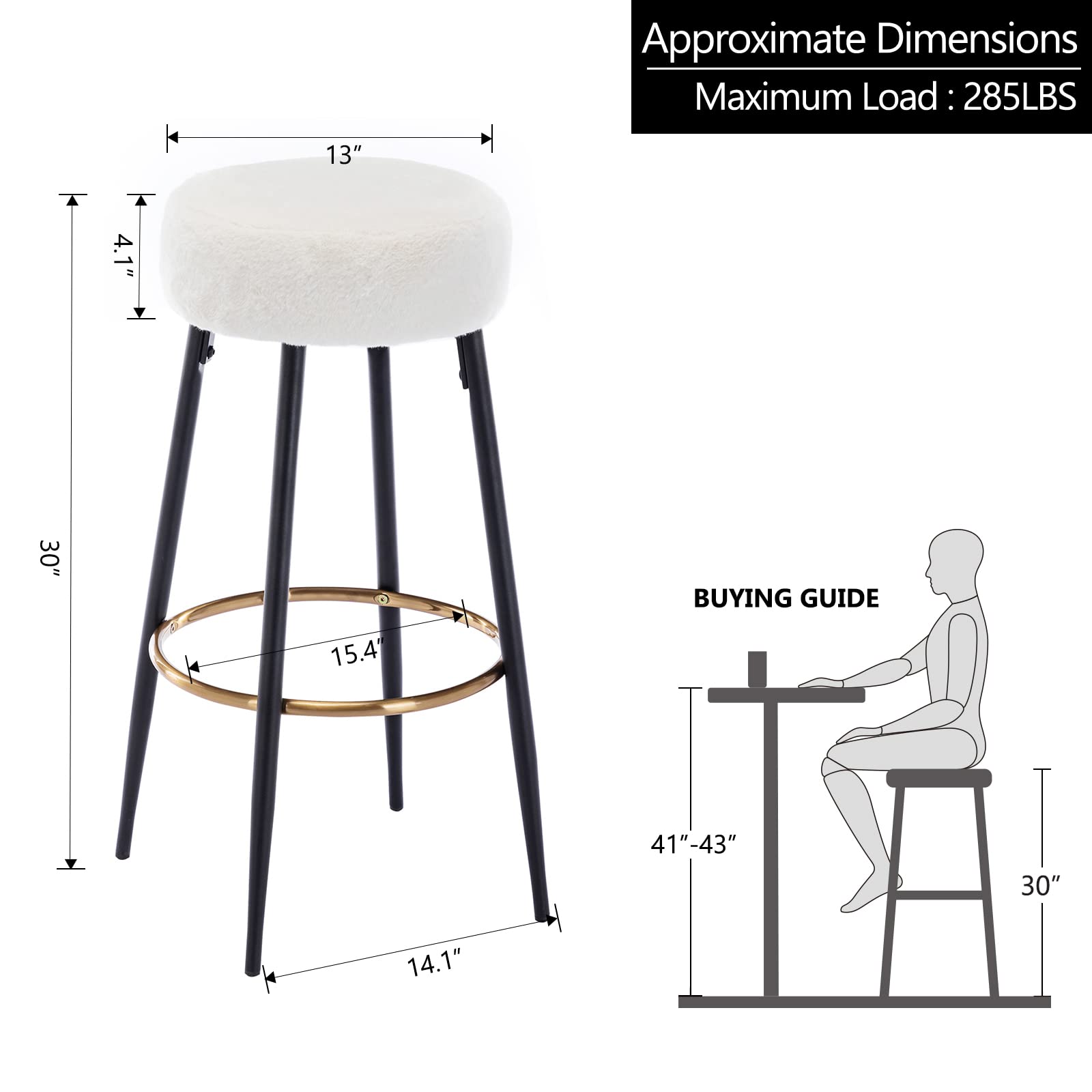 DUHOME Round Faux Fur Bar Stools Set of 2 - 30 Inch Height Upholstered Dining Chairs with Golden Footrest for Kitchen Island, Coffee Shop, Home Bar & Balcony - White Faux Fur Stools for Modern & Cozy Decor