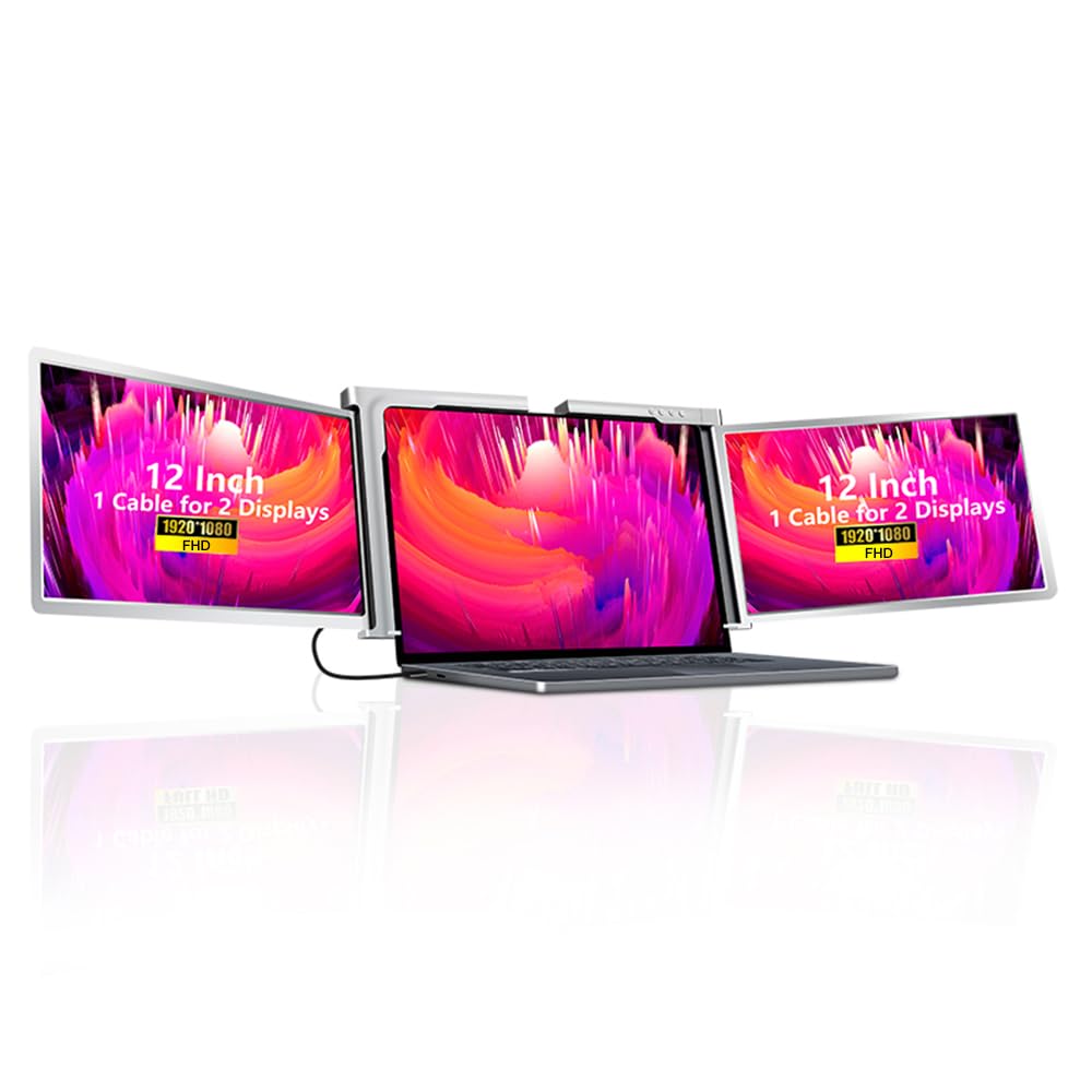 12 Inch Triple Portable Monitor for Laptop - FHD Expansion Screen with 1 Cable for 2 Displays, Compatible with Windows & MacOS for 13.3-16.5 Inch Laptops - Perfect for Work, Gaming & Multitasking