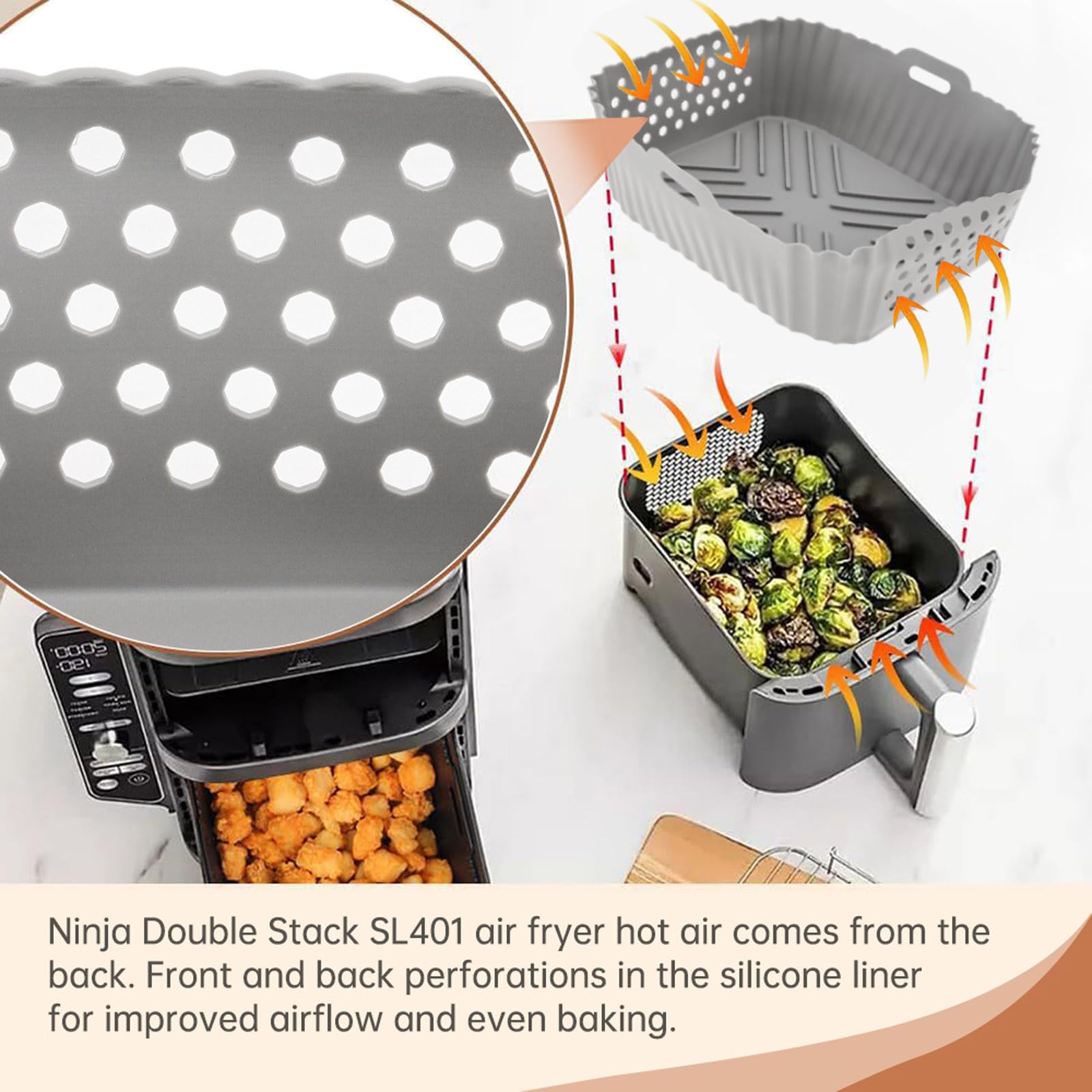 Reusable Silicone Air Fryer Liners 2Pcs with Oven Gloves - Non-Stick Square Air Fryer Basket Accessories for Ninja SL401/DZ201/DZ401/DZ550 - Perfect for Baking, Roasting & Healthy Cooking