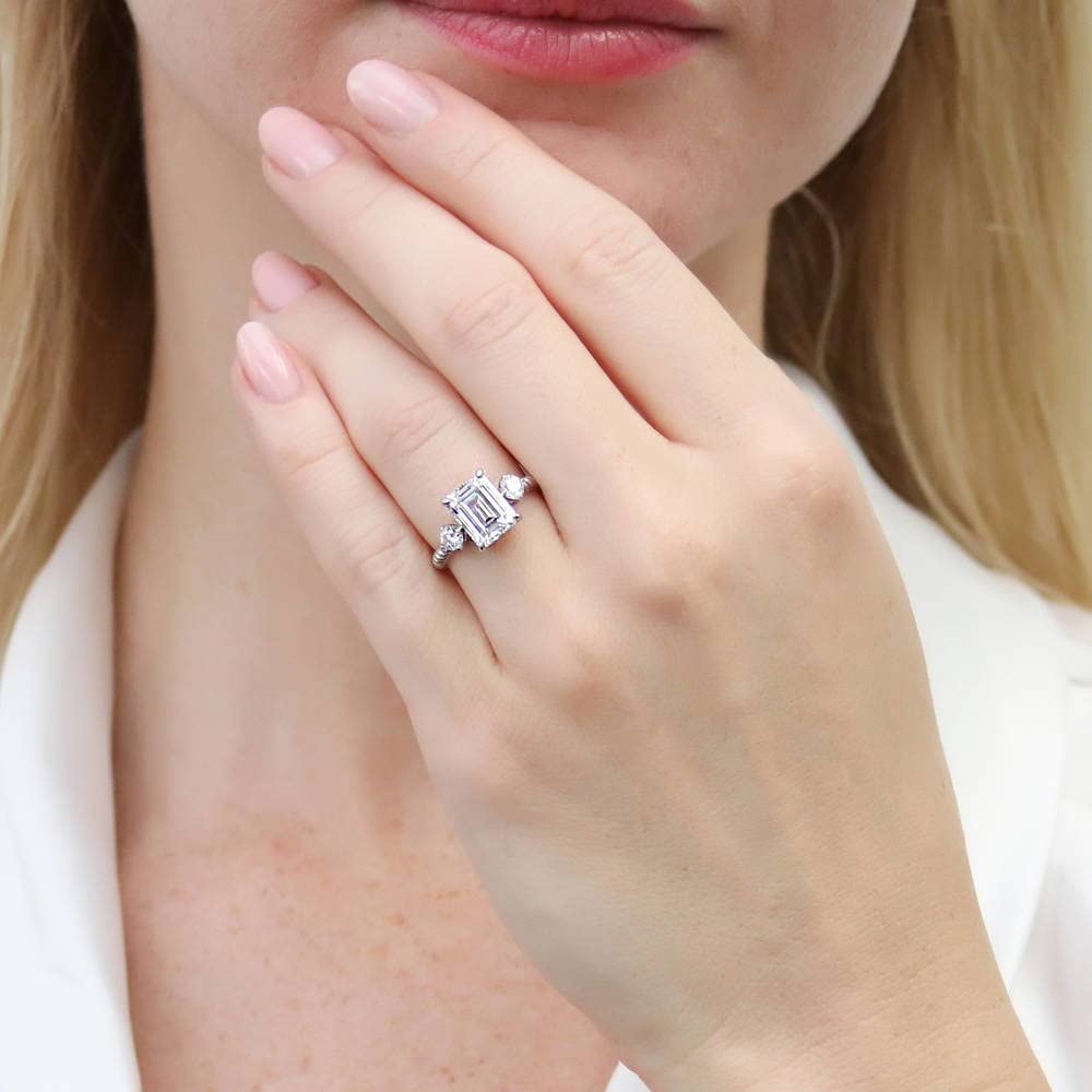 BERRICLE Sterling Silver 3-Stone Wedding & Engagement Ring for Women - 2.6 Carat Emerald Cut Cubic Zirconia CZ Woven Band, Rhodium Plated, Size 4-10 | Elegant Gift for Anniversary, Proposal & Special Occasions