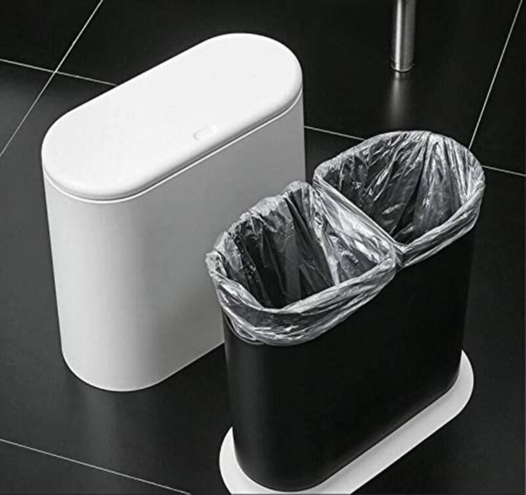 PENGKE 2.11 Gallon Slim Plastic Trash Can with Press-Top Lid, 8L Waste Basket with Removable Liner, Modern White Garbage Bin for Bathroom, Living Room & Bedroom - Perfect for Small Spaces & Home Office Organization