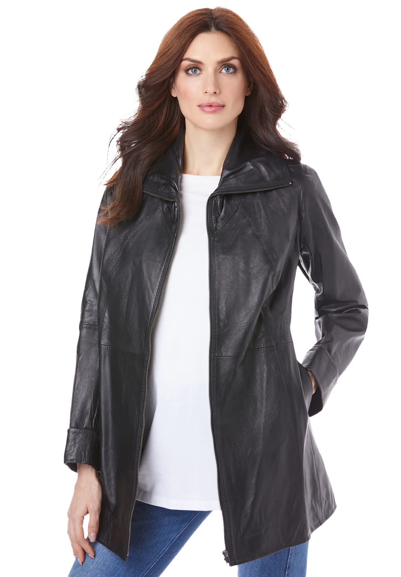 Rooman's Women's Plus Size A-Line Leather Jacket - Stylish Faux Leather Moto Jacket for Curvy Women | Perfect for Casual Outings, Date Nights & Fall Fashion