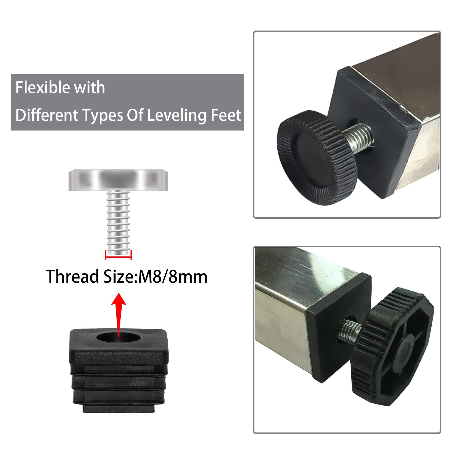 16-Pack Black M8 Thread Plastic Leveling Feet - 20x20mm (13/16