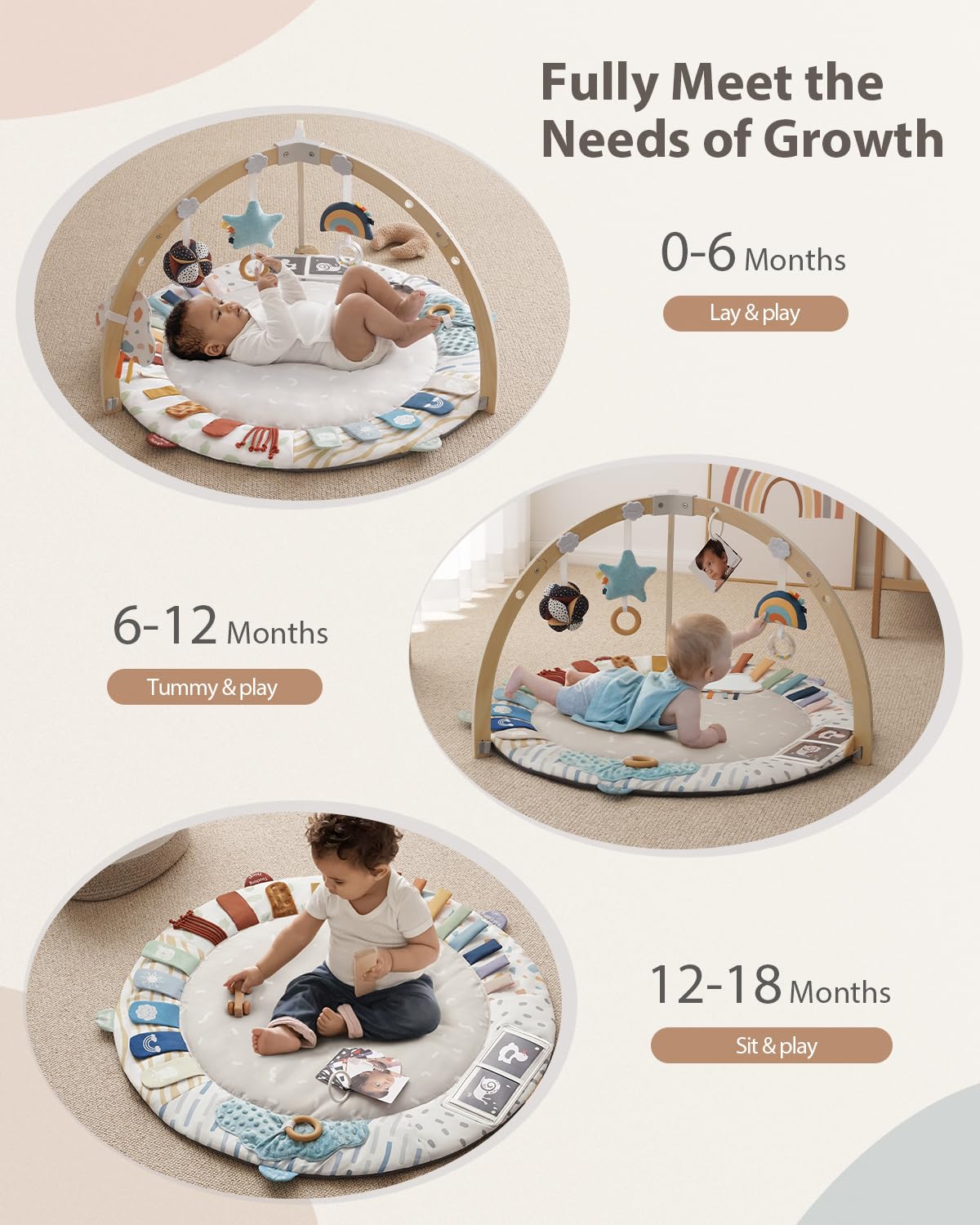 Blissful Diary Baby Play Gym & Activity Mat - 5 Developmental Zones Wooden Tummy Time Mat with 6 Detachable Sensory Toys for Infant Motor Skills & Sensory Development | Newborn Essentials, Baby Shower Gift for Boys & Girls | Perfect for Nursery, Playtime & Learning Activities