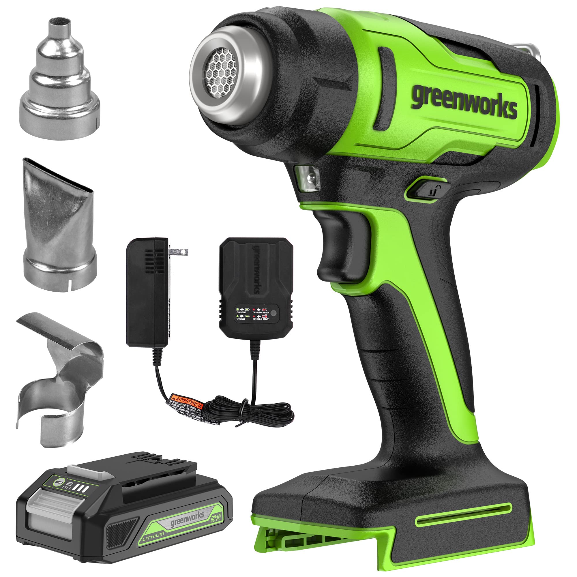 Greenworks 24V Cordless Heat Gun with 2.0Ah Battery & Charger - 1000℉/538℃ Hot Air Tool Kit with 3 Nozzles for DIY, Crafting, Shrink Wrapping, Paint Stripping - Perfect for Home, Garage & Outdoor Projects