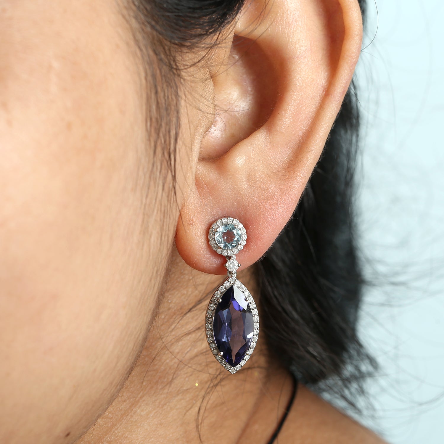 Exquisite Marquise Iolite & Blue Topaz Pave Diamond Dangle Earrings in 14K White Gold | Elegant Bridal Jewelry & Evening Wear Accessories