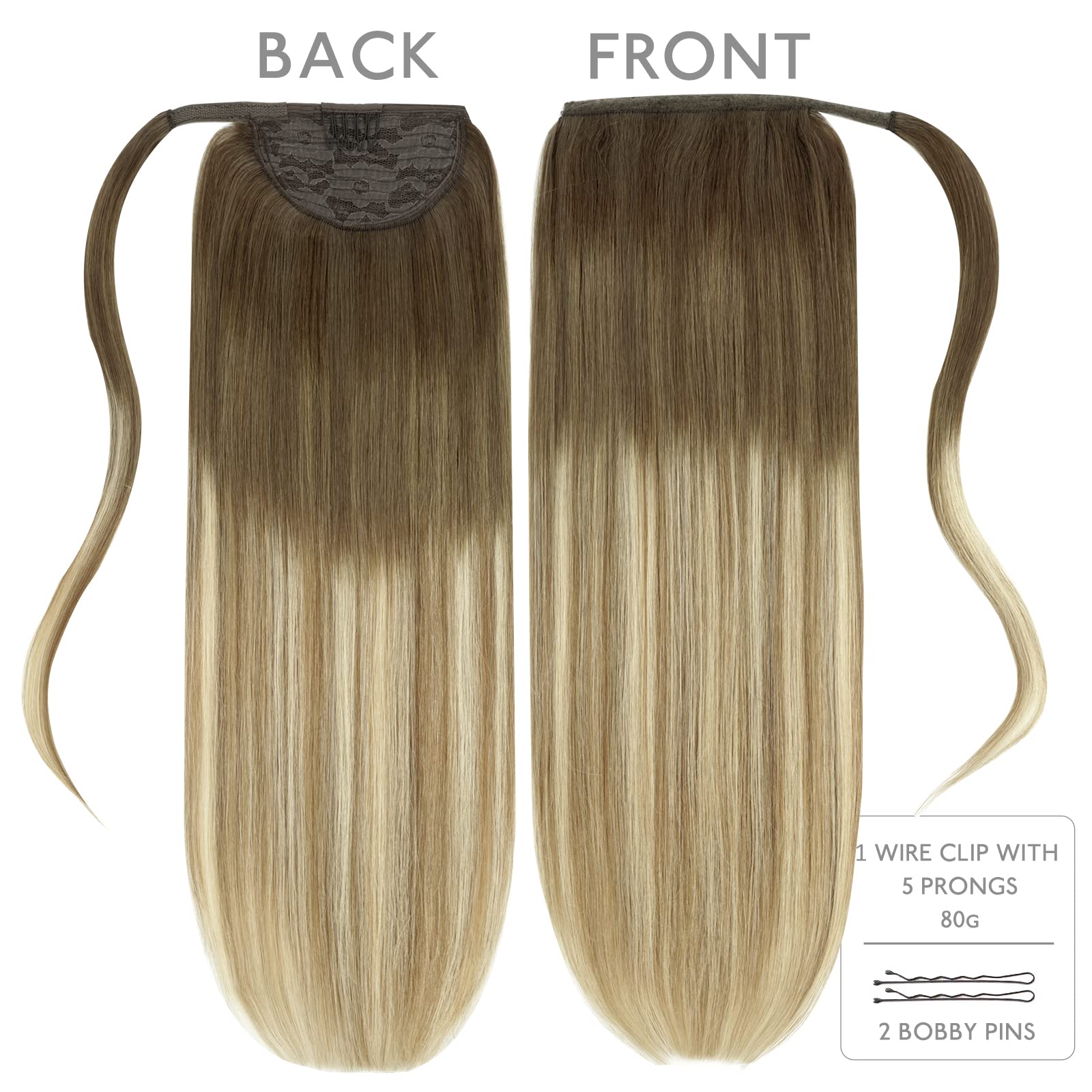 WENNALIFE 16 Inch 80g Human Hair Ponytail Extension - Natural Walnut Brown to Ash Brown & Bleach Blonde Clip-in Remy Hairpiece for Women | Perfect for Parties, Weddings & Daily Styling