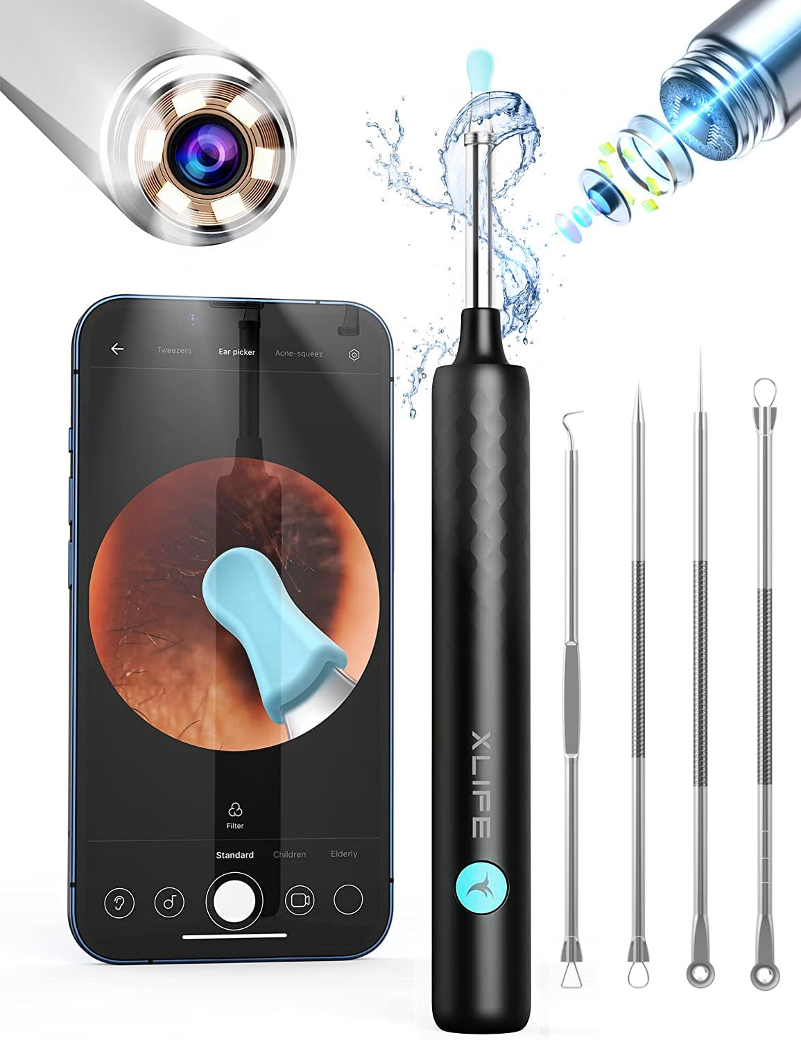 Xlife 1440P Ear Wax Removal Kit with Camera & LED Light - Ear Cleaner Tool for iPhone, iPad & Android - Includes 4 Blackhead Removers - Perfect for Home Ear Hygiene & Safe Earwax Cleaning