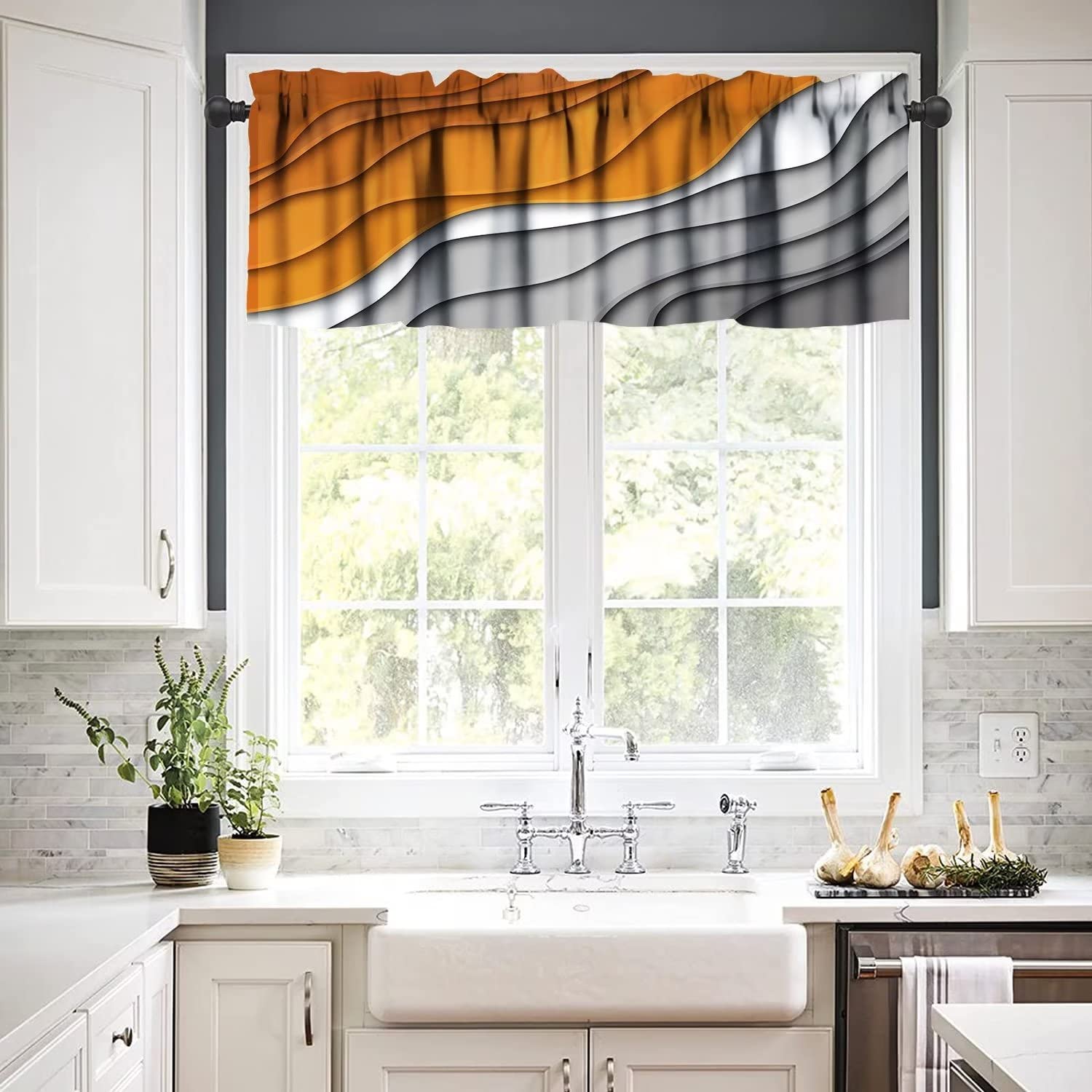 Modern Abstract Geometric Orange & Gray Window Valance - Rod Pocket Kitchen & Bedroom Curtain Panel (54