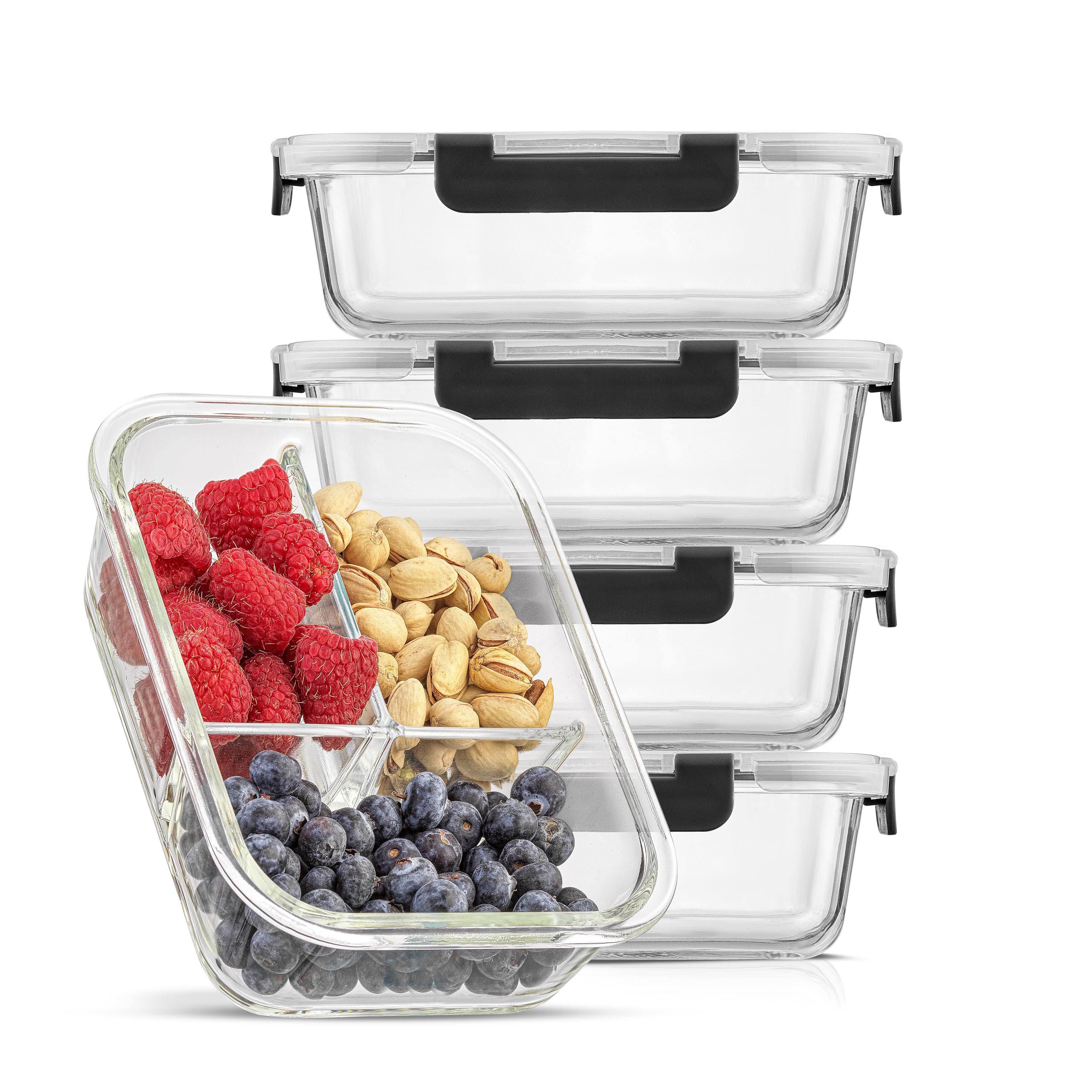 JoyJolt 3-Compartment Glass Meal Prep Bento Box Set - 5 Pack Airtight Food Storage Containers with Lids for Portion Control, Weight Loss & Healthy Eating | Perfect for Office Lunches, Meal Prepping & On-the-Go Nutrition