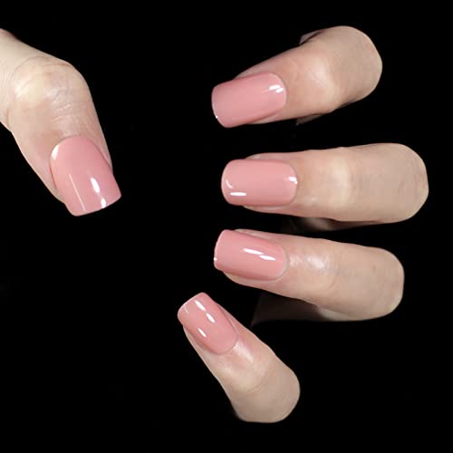 Pearl Pink Short Squoval Fake Nails - Glossy Full Cover Acrylic Press On Nails - Square Shape Daily Wear - 24pcs/Kit - Perfect for Dates, Parties & Special Occasions