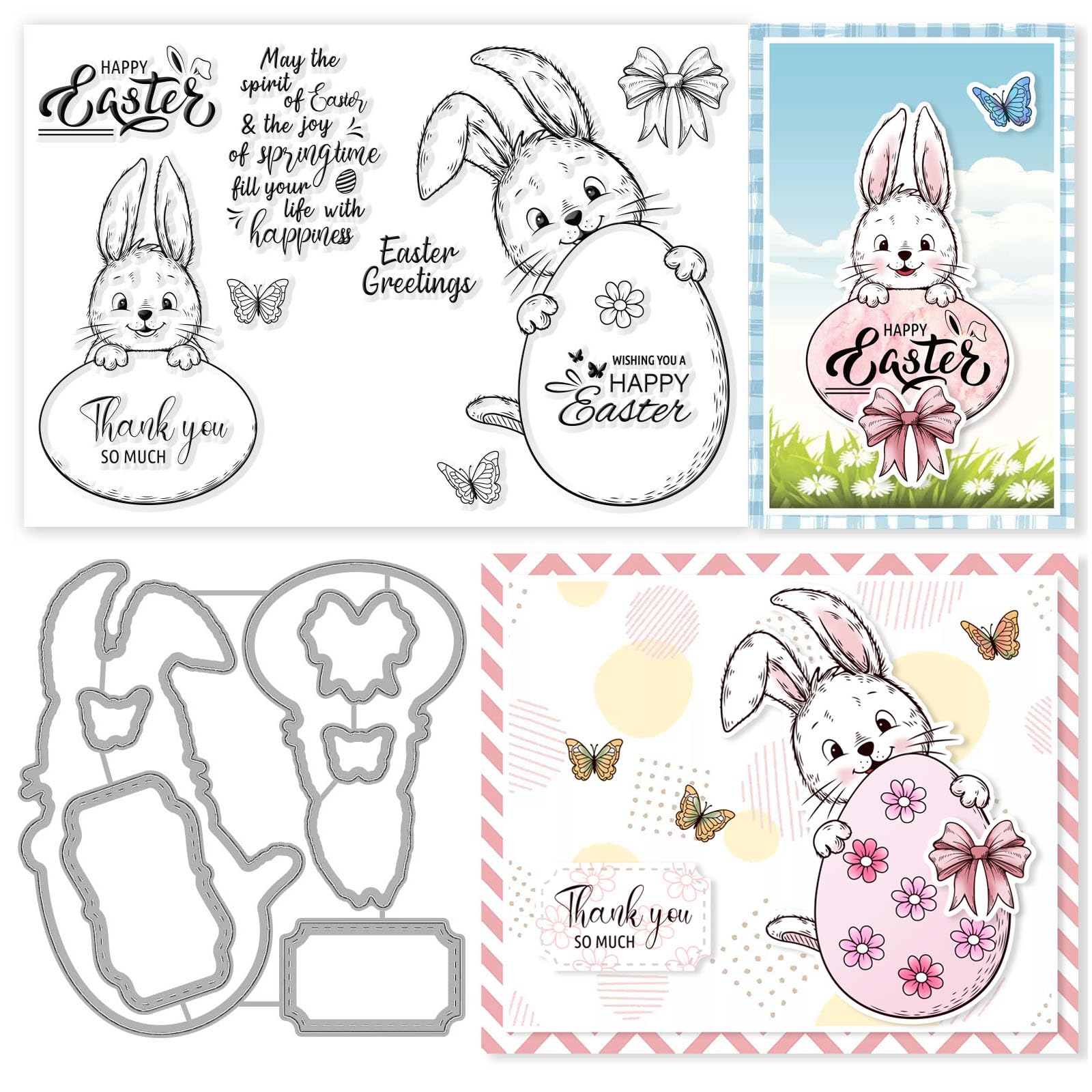 INFUNLY Happy Easter Cutting Dies & Clear Stamps Set - Cartoon Bunny Die Cut & Easter Egg Silicone Stamps for DIY Card Making, Scrapbooking - Perfect for Easter Greeting Cards, Home Decor & Craft Projects