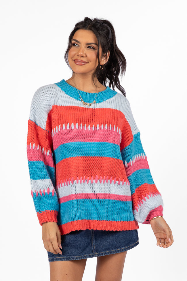 Blue Multi Stripe Chunky Knit Stitch Detail Sweater - Cozy Winter Pullover for Women | Perfect for Casual Outfits, Holiday Parties & Cold Weather Layering