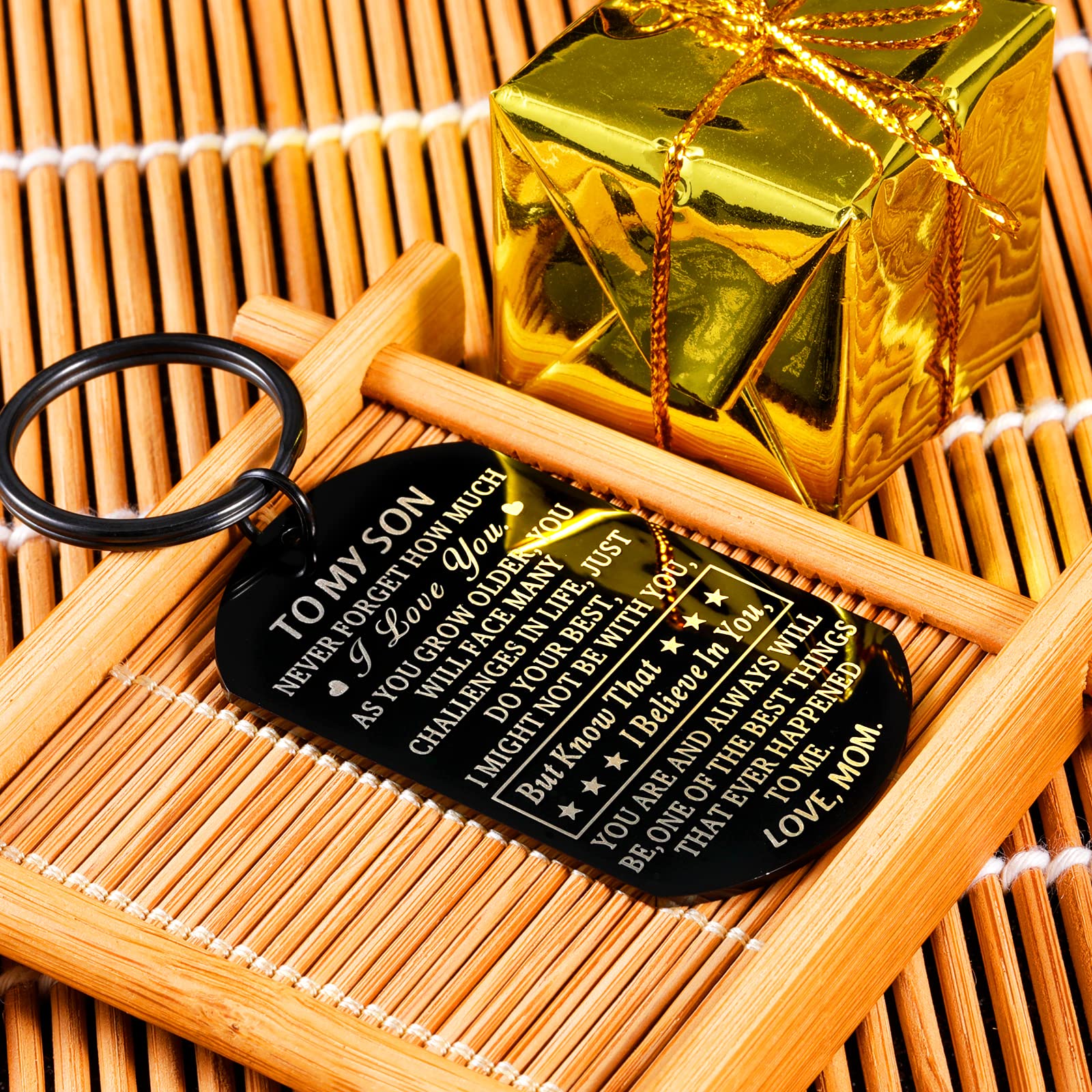 Valentine's Day Gifts for Boys - Inspirational Keychain for Teen Son, Stepson or Adopted Son - Perfect for 16th, 18th, 21st Birthday, Graduation - Thoughtful Present from Mom - Black Engraved Keychain for Daily Motivation & Special Occasions