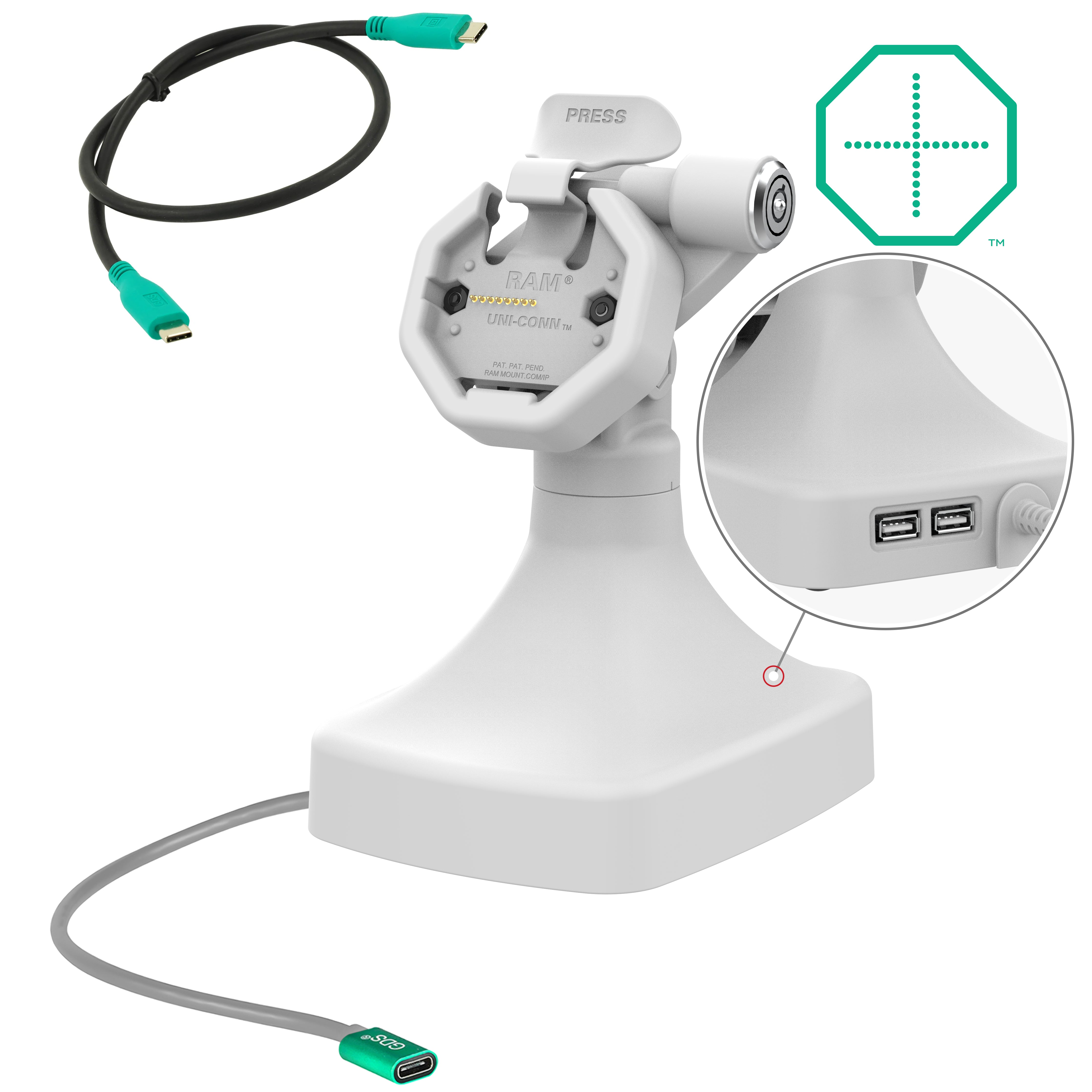 GDS® Uni Conn™ Powered Locking Tilt & Swivel Dock with USB-C + Data Port in Gray (RAM GDS DOCKLR D14 U3C 2A GRY) - Perfect for Office, Home & Car Laptop Mounting Solutions
