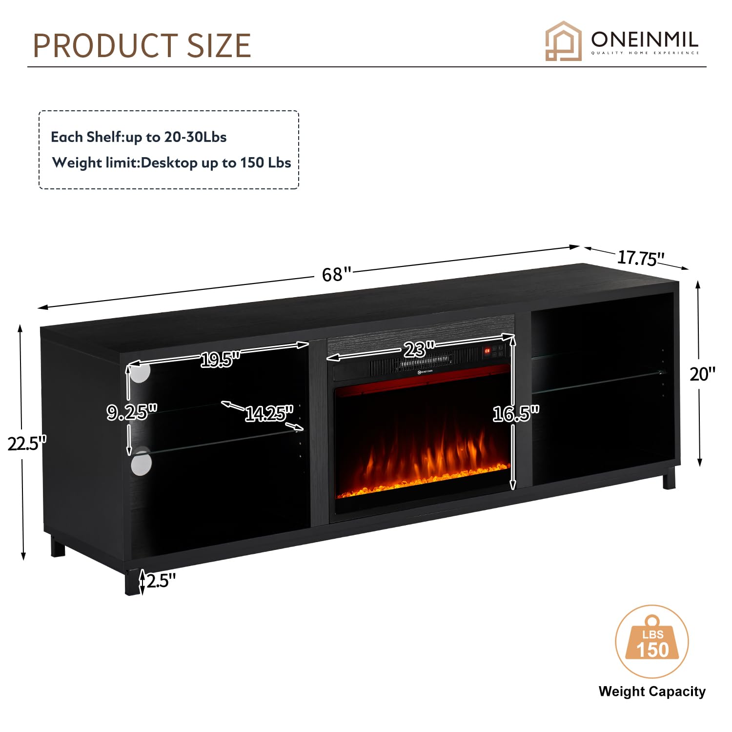 68 Inch Modern Fireplace TV Stand for 78 Inch TVs - 3D Electric Fireplace Entertainment Center with Wood Storage & Cable Management - Black TV Cabinet for Living Room (Perfect for Home Theater & Cozy Winter Nights)