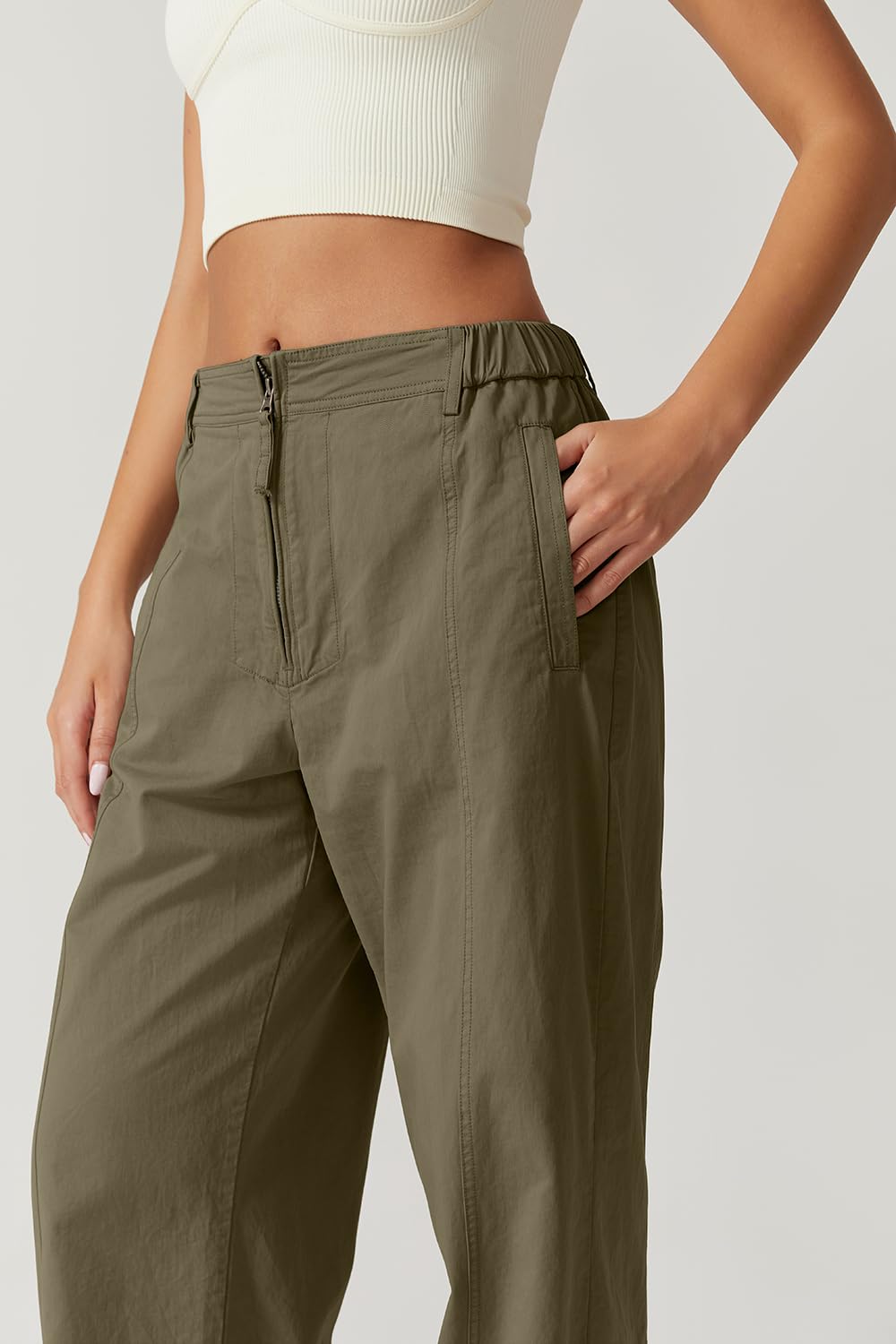 QINSEN Women's High Waist Zip Front Wide Leg Cargo Pants - Cotton Stretch Palazzo Pants with Pockets for Casual Wear, Work & Travel