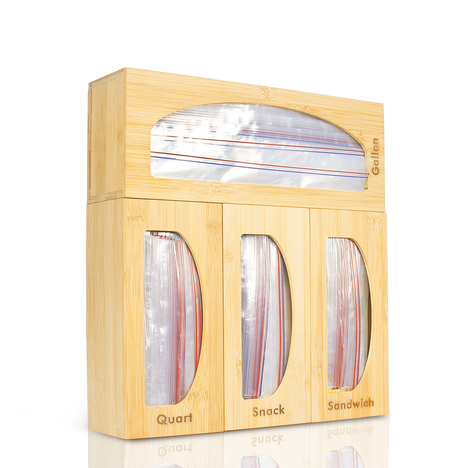 Bamboo Ziplock Bag Organizer 4-Pack - Plastic Bag Storage Container for Kitchen Drawer with Removable Back - Fits Gallon, Quart, Sandwich & Snack Bags | Perfect for Pantry Organization & Food Storage Solutions
