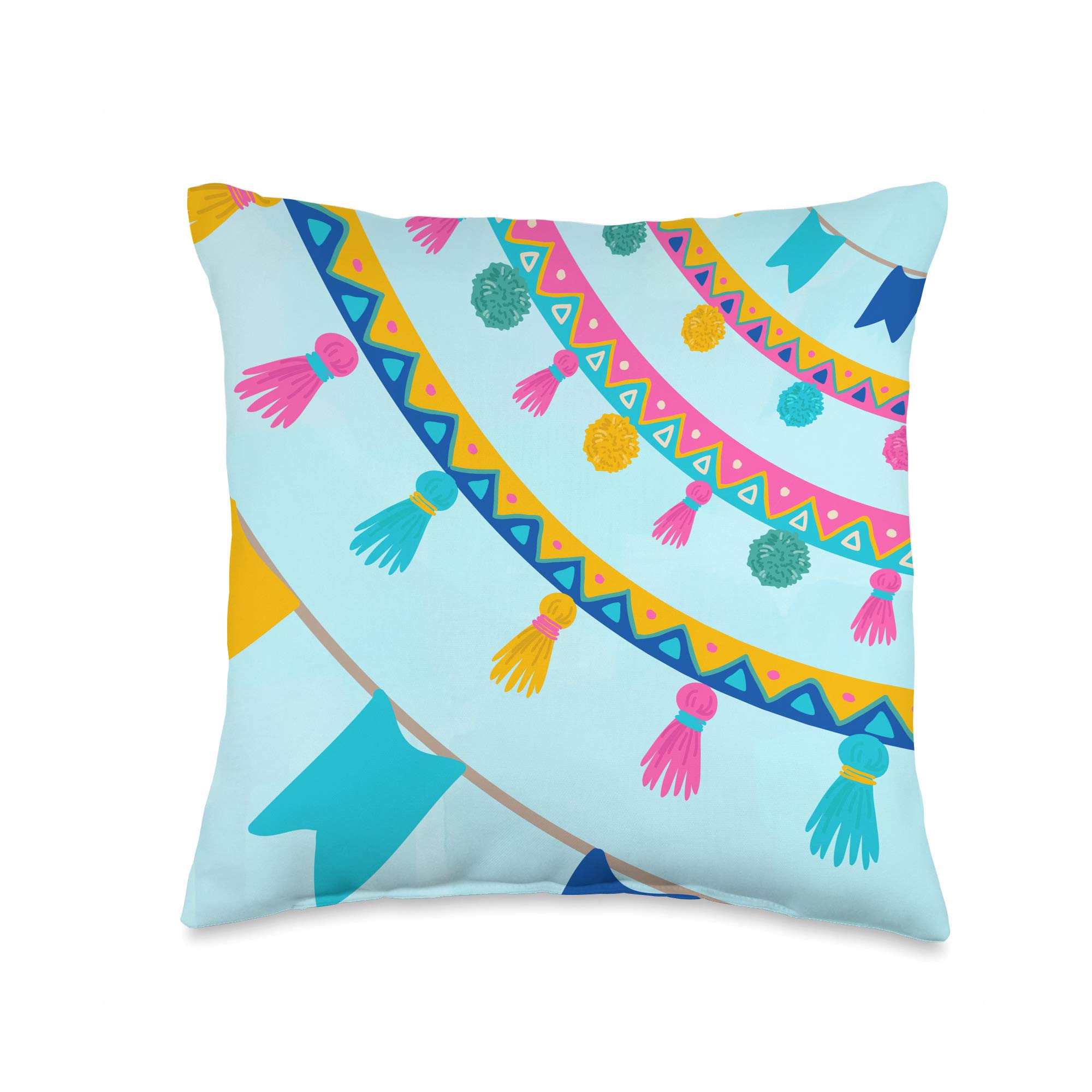 Swesly 16x16 Multicolor Totes & Pillows Garlands Throw Pillow - Pink, Teal, Yellow on Blue (AES174) | Perfect for Sofa Decor, Bedroom Accent, and Living Room Styling