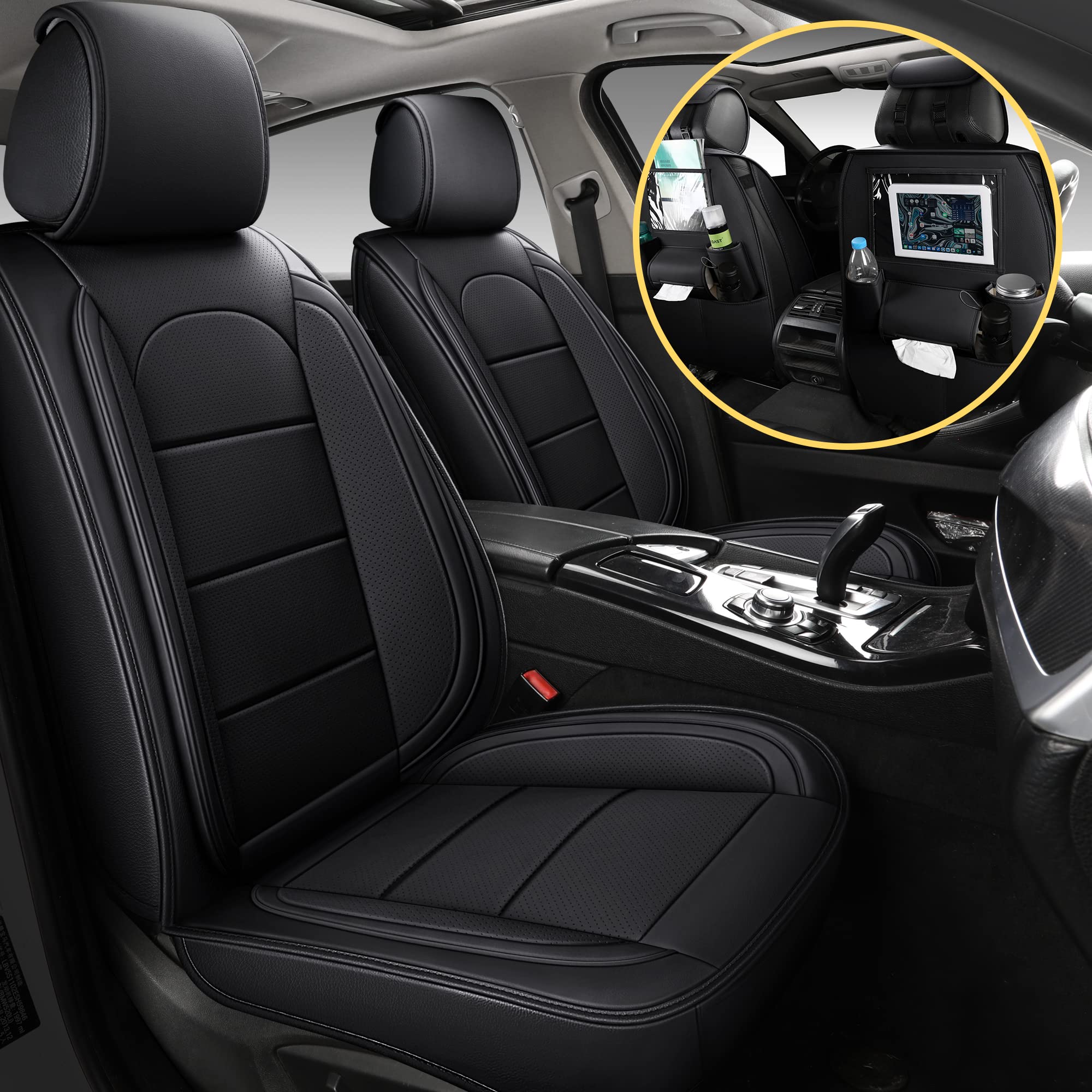 Premium AOOG Leather Car Seat Covers with Backseat Organizer - Universal Fit for Sedans, SUVs & Trucks (Front Pair, Black) | Durable Protection & Stylish Upgrade for Daily Commute, Road Trips & Family Travel