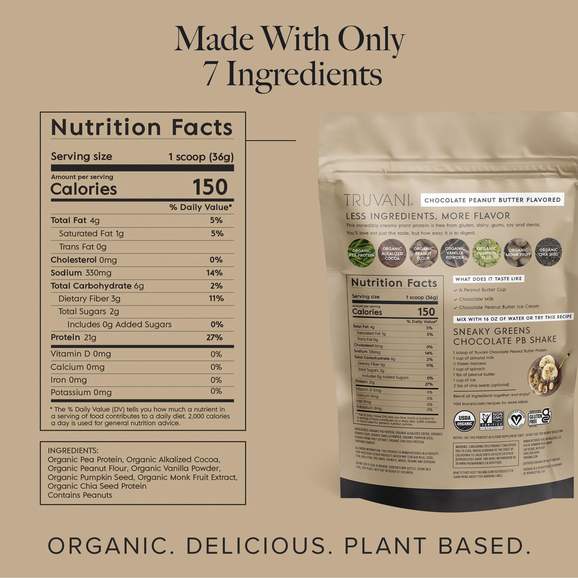 Truvani Vegan Pea Protein Powder - Chocolate Peanut Butter Flavor | 20g Organic Plant-Based Protein per Serving | 20 Servings | Keto, Gluten-Free & Dairy-Free | Low Carb, No Added Sugar | Perfect for Smoothies, Baking & Post-Workout Recovery