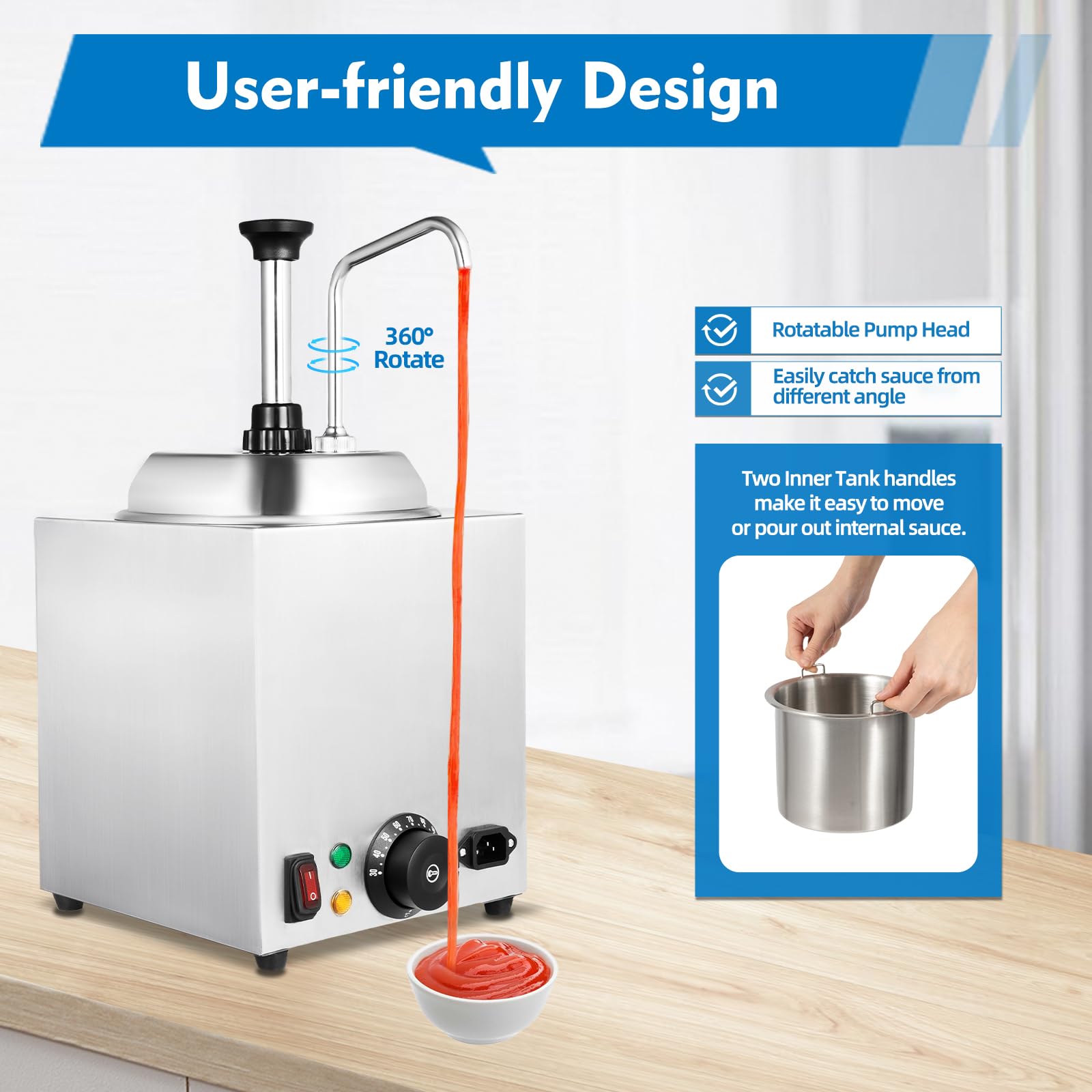 2.6Qt Stainless Steel Hot Melted Butter Dispenser Pump - Commercial Grade Restaurant Condiment Warmer for Cheese, Fudge, Caramel - Perfect for Topping, Baking & Food Service Stations