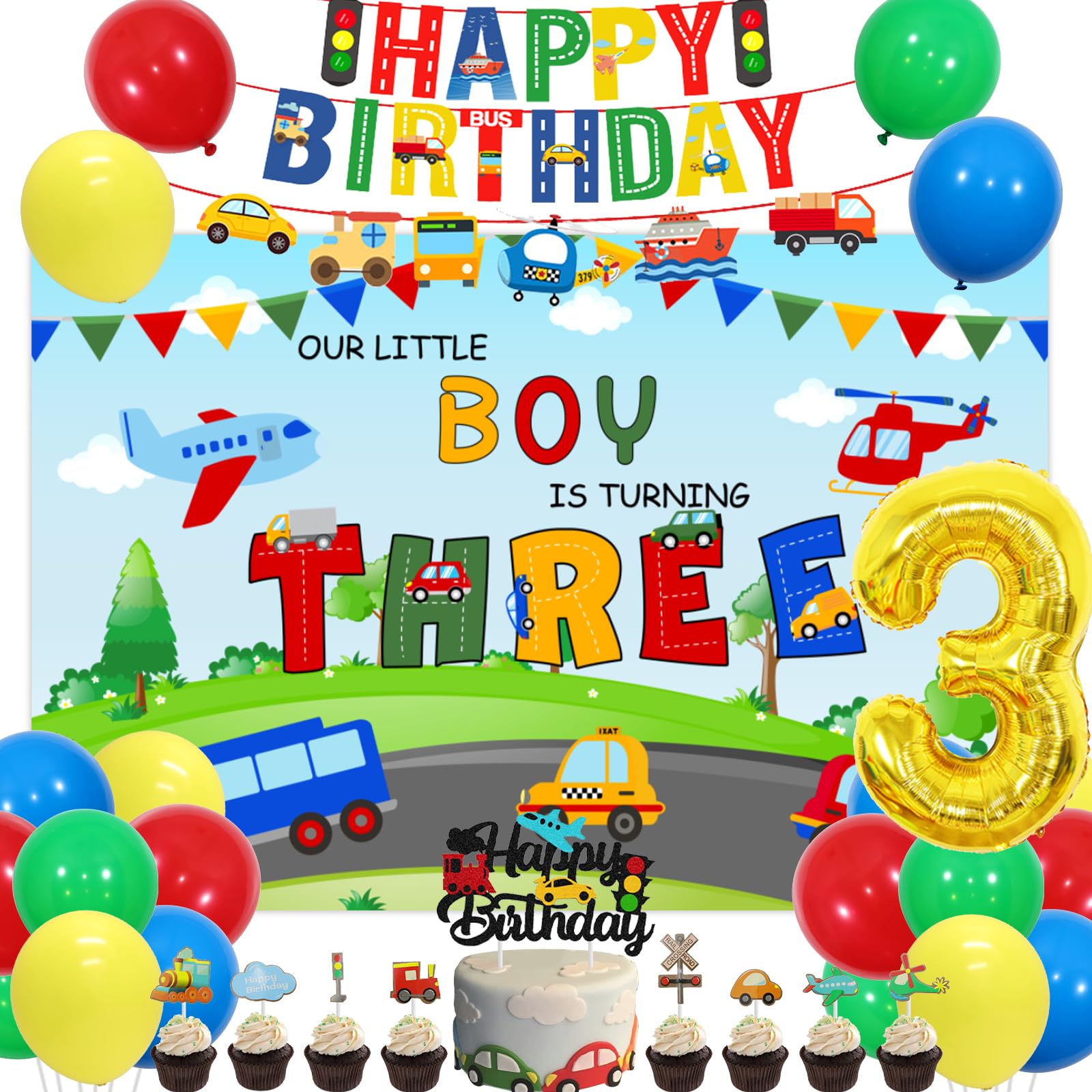 Balerever Transportation Theme 3rd Birthday Party Decorations for Boys - Happy Birthday Banner, Cake & Cupcake Toppers, Train Plane Ship Foil Balloons - Perfect for Transport Vehicle Themed Birthday Celebrations | Ideal for Kids' Birthday Parties, Baby Showers & Special Events