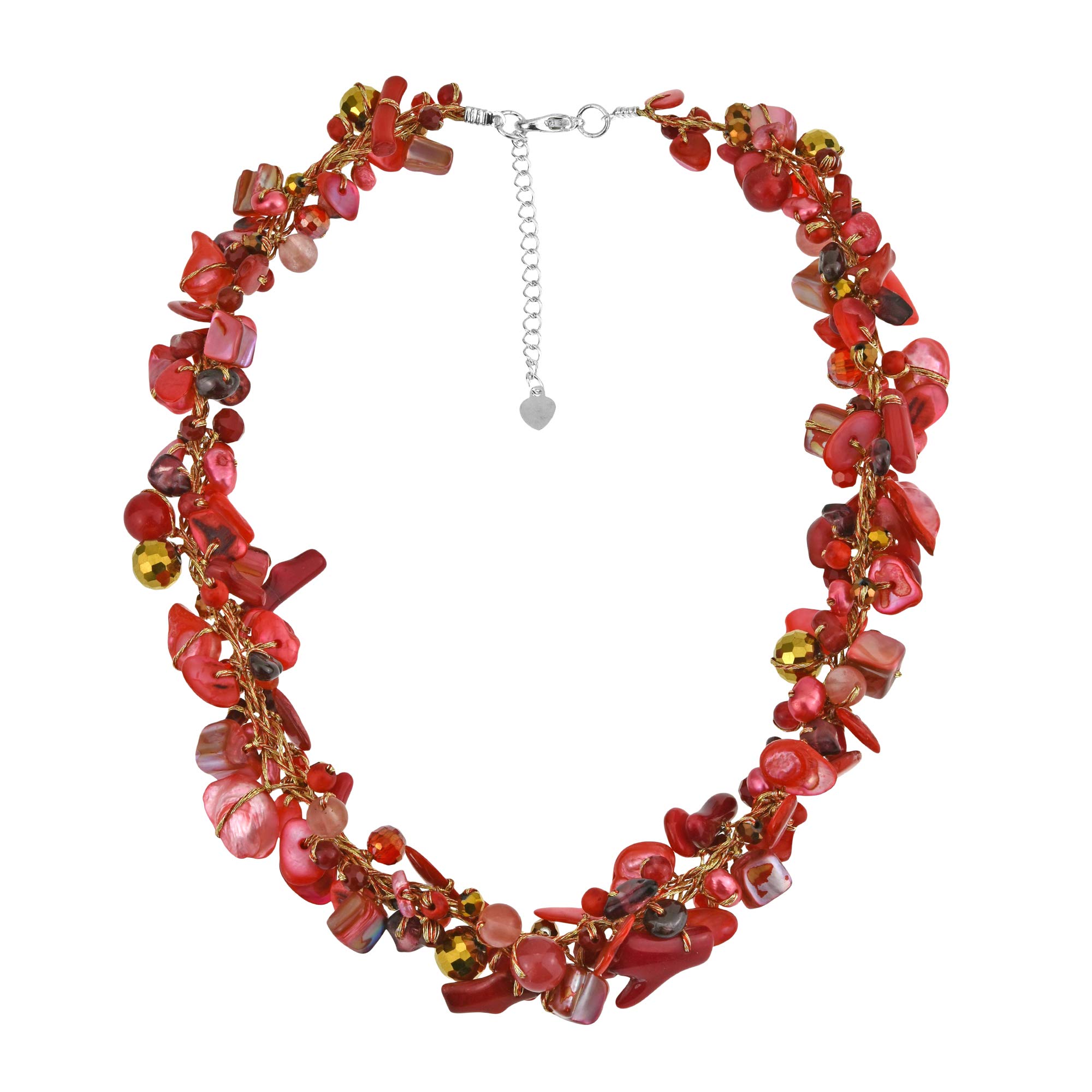 AeraVida Vibrant Red Stone & Crystal Silk Thread Cultured Freshwater Pearl Necklace for Women | Elegant Gemstone Jewelry | Perfect for Parties, Weddings & Special Occasions