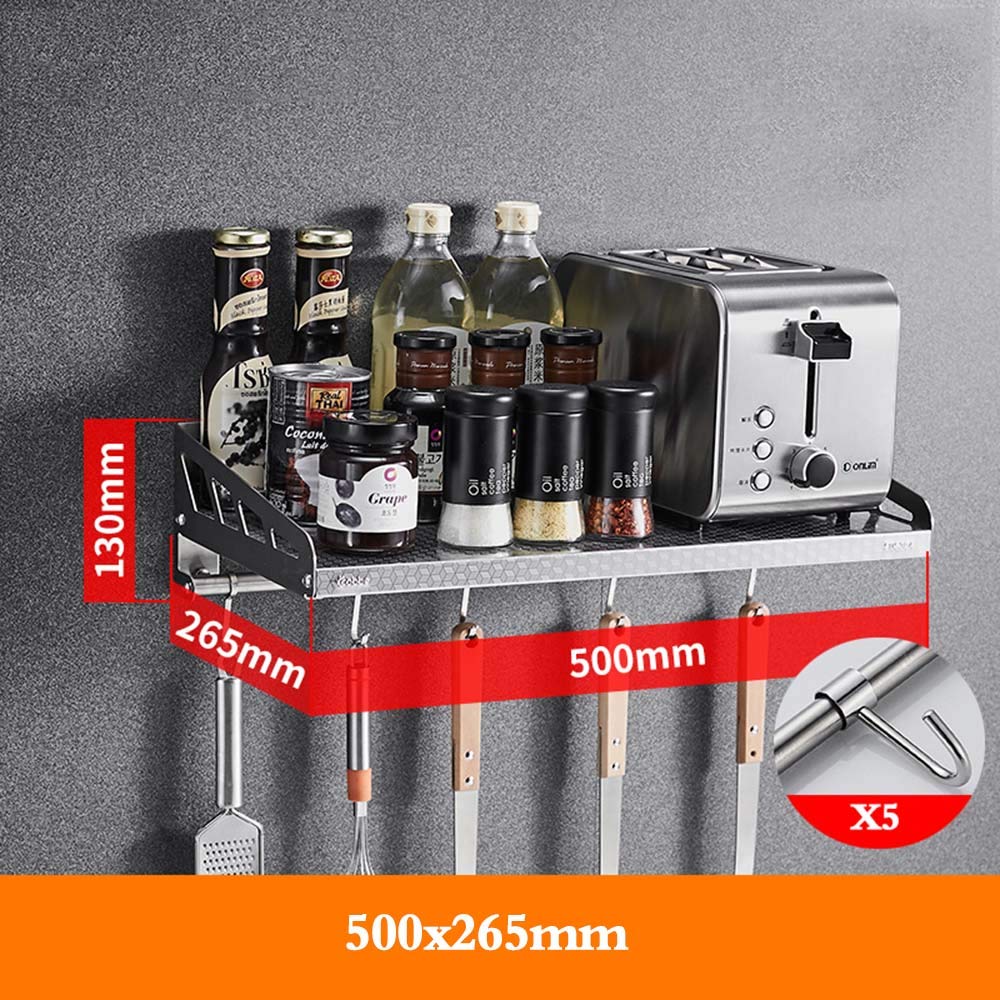 Stainless Steel Wall Mounted Kitchen Storage Rack with 5 Adjustable Hooks - 304 Rustproof & Waterproof Microwave Shelf for Spices, Pots & Utensils - Easy to Clean 10.4