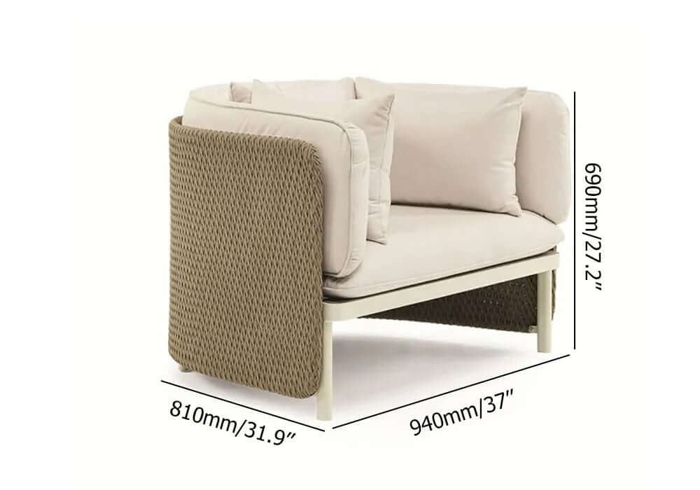 Khaki & Cream White Rattan Outdoor Armchair - Patio Accent Chair with Cushion Pillow - Perfect for Garden, Poolside & Backyard Relaxation