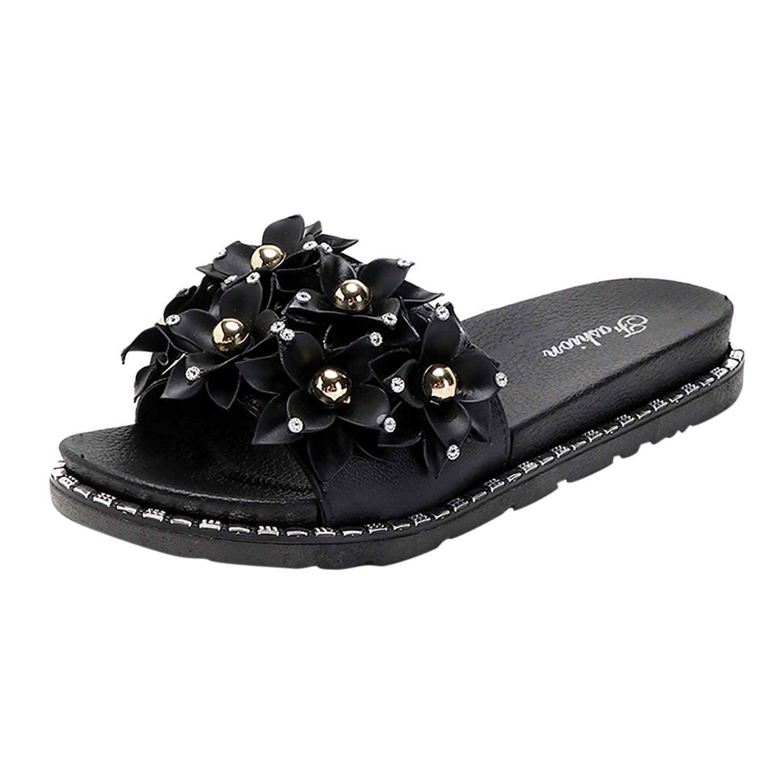 Women's Bohemian Crystal Flower Sandals - Fashion Flat Summer Beach Slippers for Ladies | Perfect for Casual Outings, Vacations & Boho-Chic Outfits