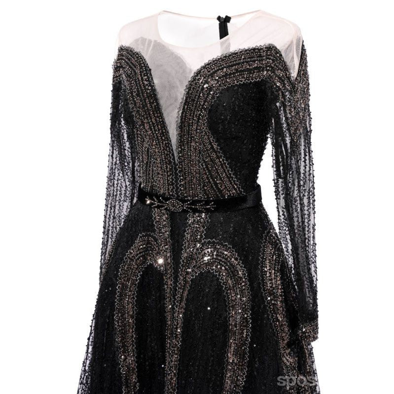 Elegant Black A-Line Long Sleeve Maxi Party Prom Dress for Women - Formal Evening Gown for Homecoming, Wedding Guest & Special Occasions