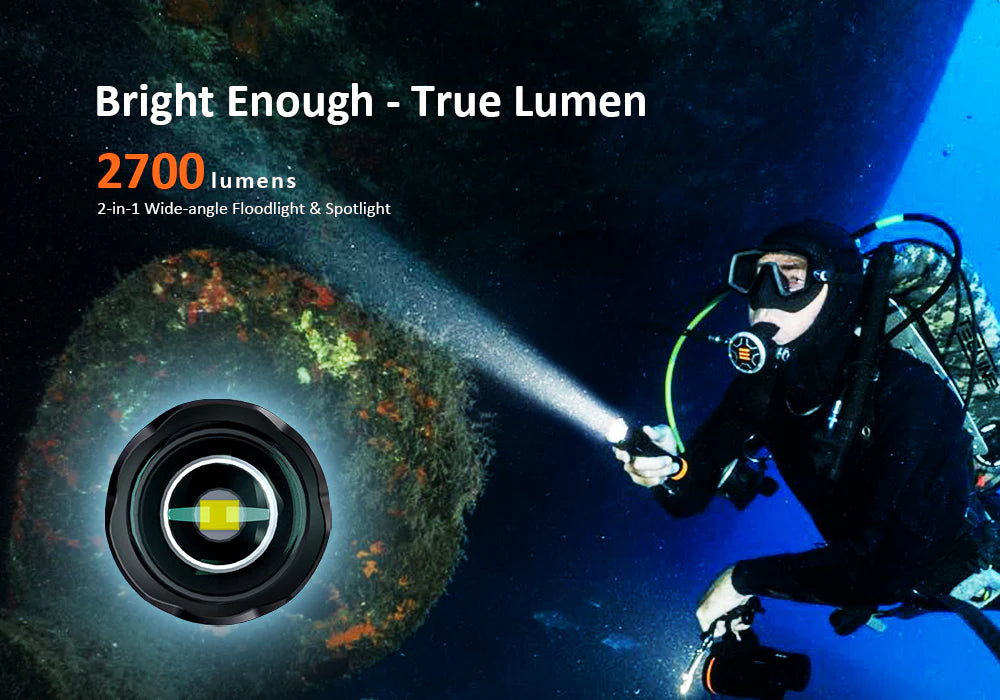 Orcatorch ZD710 2700 Lumens Professional Underwater Dive Light - Waterproof Scuba Flashlight for Night Diving, Spearfishing & Cave Exploration