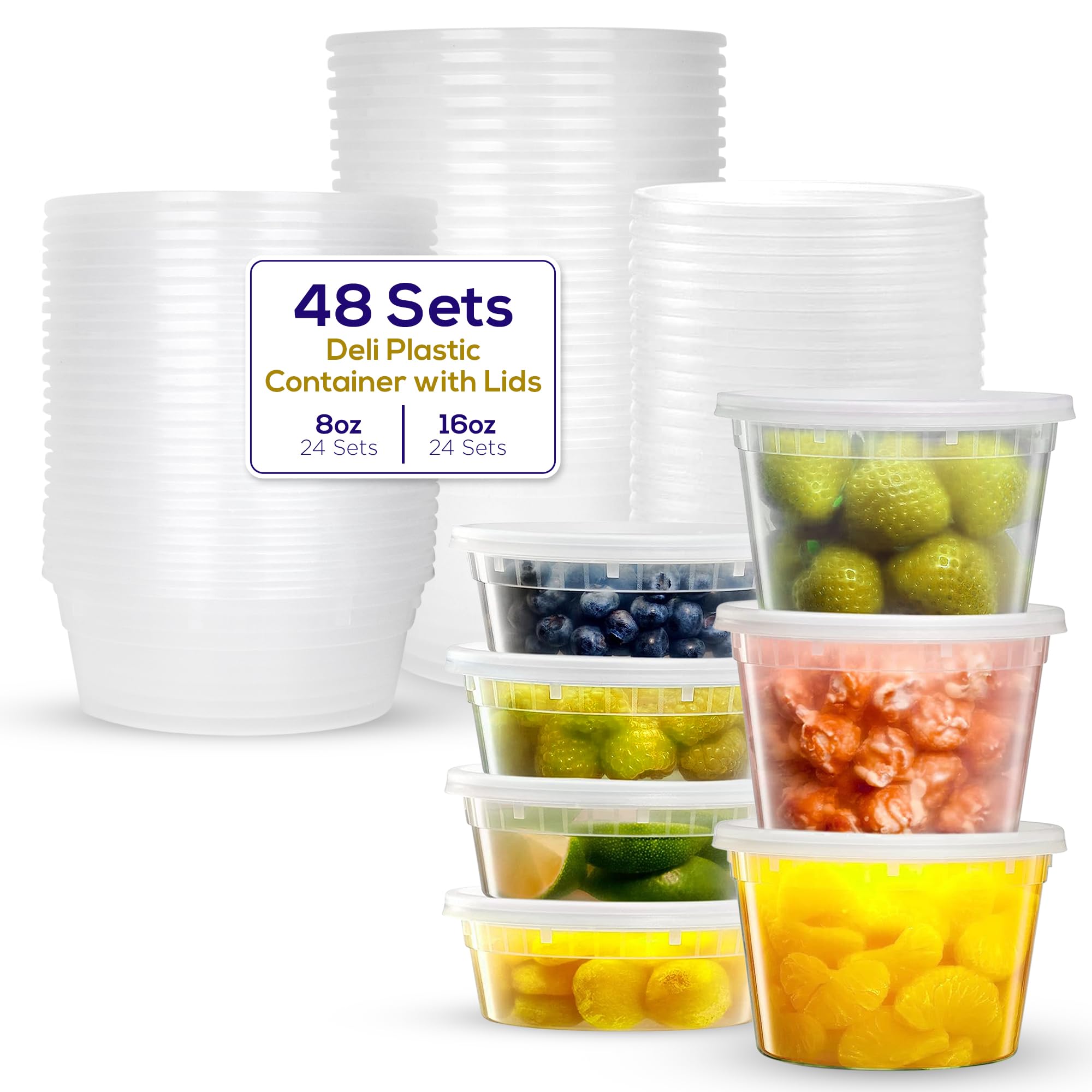 Premium 8 oz & 16 oz Plastic Food Storage Containers with Lids - 48-Piece Set (24 of Each) - Reusable, Microwave & Freezer Safe, Dishwasher Safe - Airtight for Freshness - Perfect for Meal Prep, Leftovers, Lunch Boxes & Pantry Organization