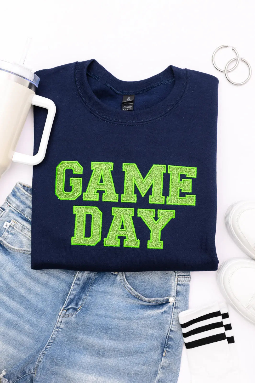 PREORDER: Embroidered Glitter Game Day Sweatshirt - Navy & Green Team Colors - Perfect for Football Tailgates, College Parties & Sports Fan Outfits
