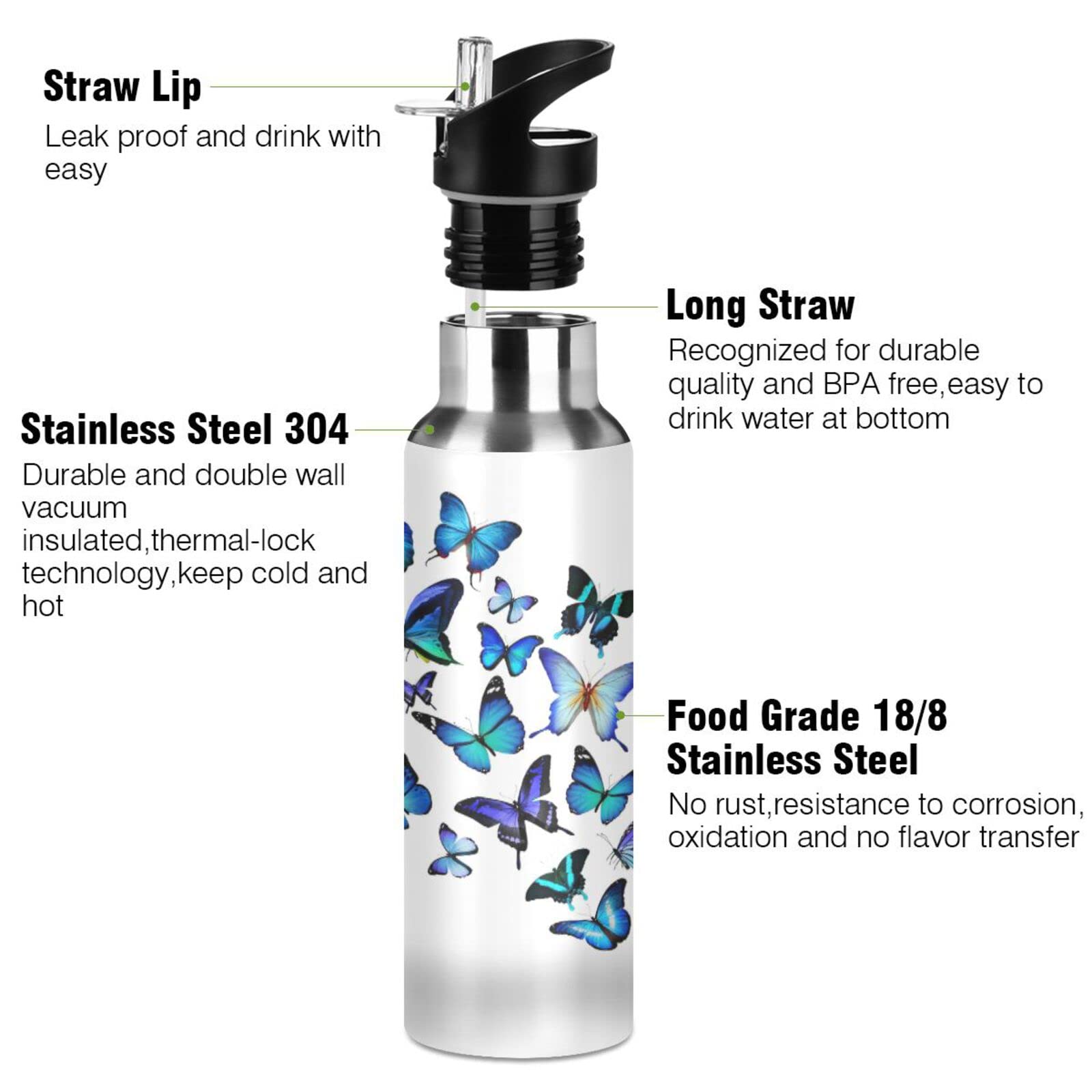Kcldeci 20oz Blue Butterfly Stainless Steel Water Bottle - Leak Proof, Vacuum Insulated, Double Walled Thermo Mug for Hot & Cold Drinks - Perfect for Sports, Gym, Hiking, Travel & Outdoor Activities