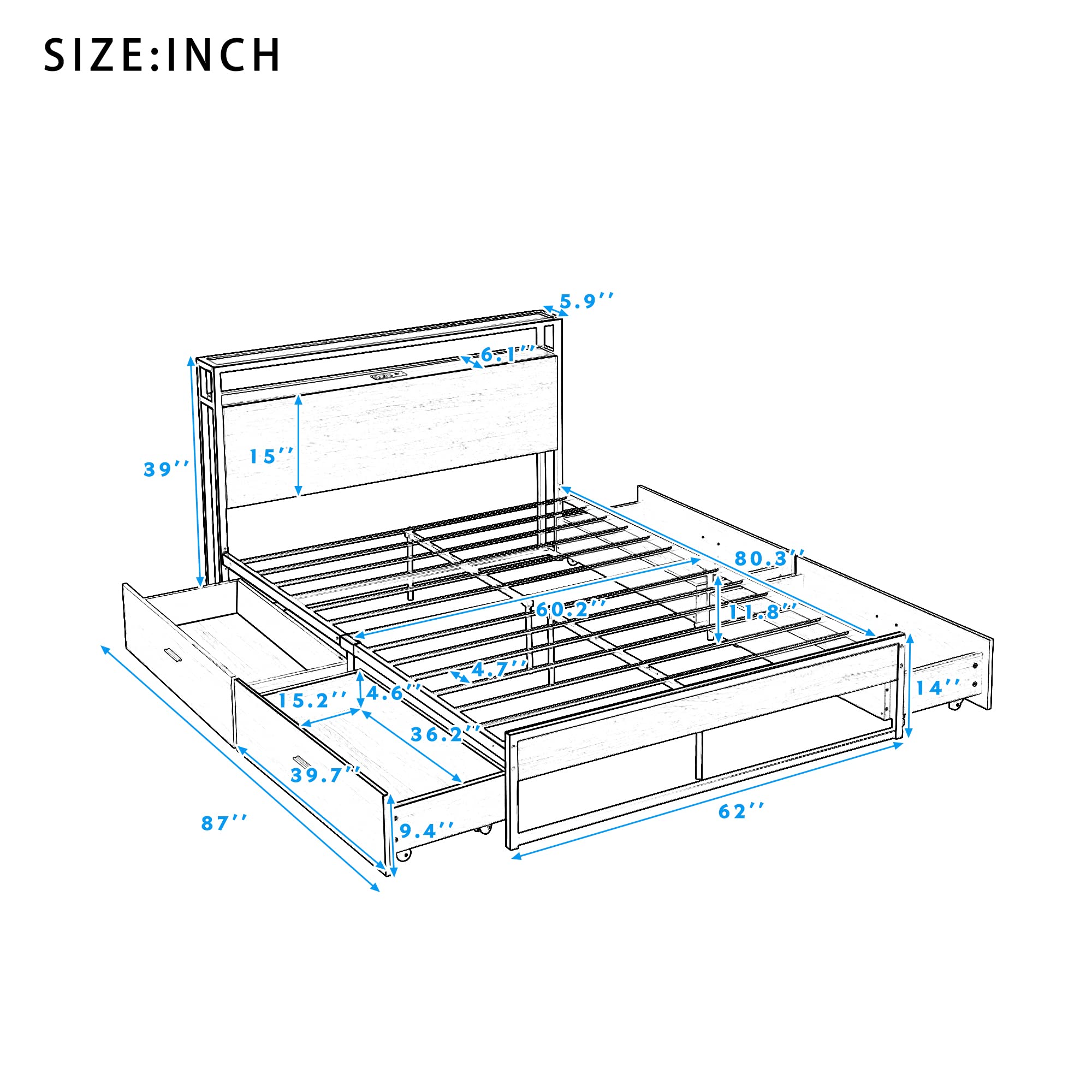Full Size Platform Bed Frame with USB Ports & Outlets - Modern Metal Bed with Storage Drawers, Sturdy Slat Support & Center Legs - No Box Spring Needed (White) - Perfect for Small Spaces, Apartments & Modern Bedrooms