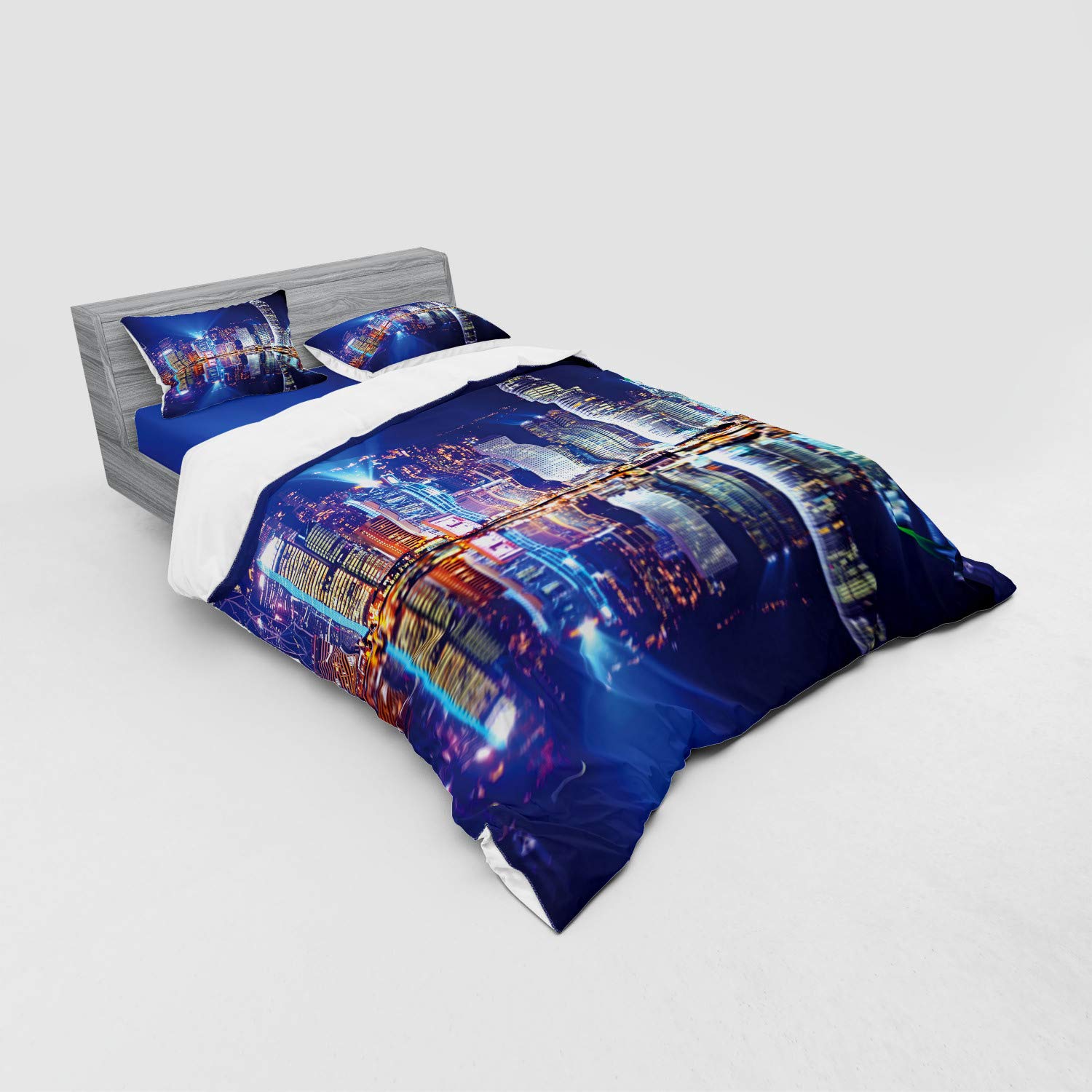 Ambesonne Hong Kong Island Skyline Duvet Cover Set - Vibrant Kowloon Water Reflection Design, 4-Piece Modern Chinese Bedding Set with 2 Pillow Shams & Fitted Sheet, Queen Size in Royal Blue, Orange & White - Perfect for Contemporary Bedrooms & Asian-Themed Home Decor