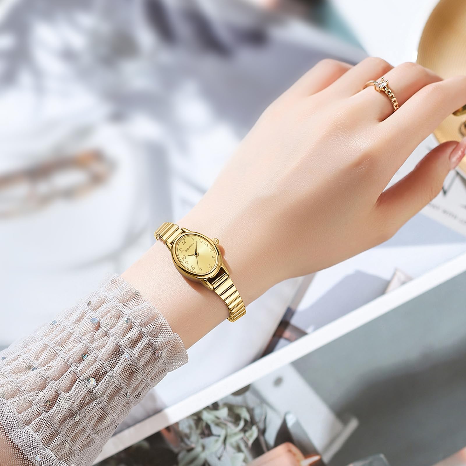 BOFAN Women's Small Gold Watch with Easy-Read Dial, Stainless Steel Expansion Band & Waterproof - Elegant Quartz Wristwatch for Everyday Wear, Office & Special Occasions