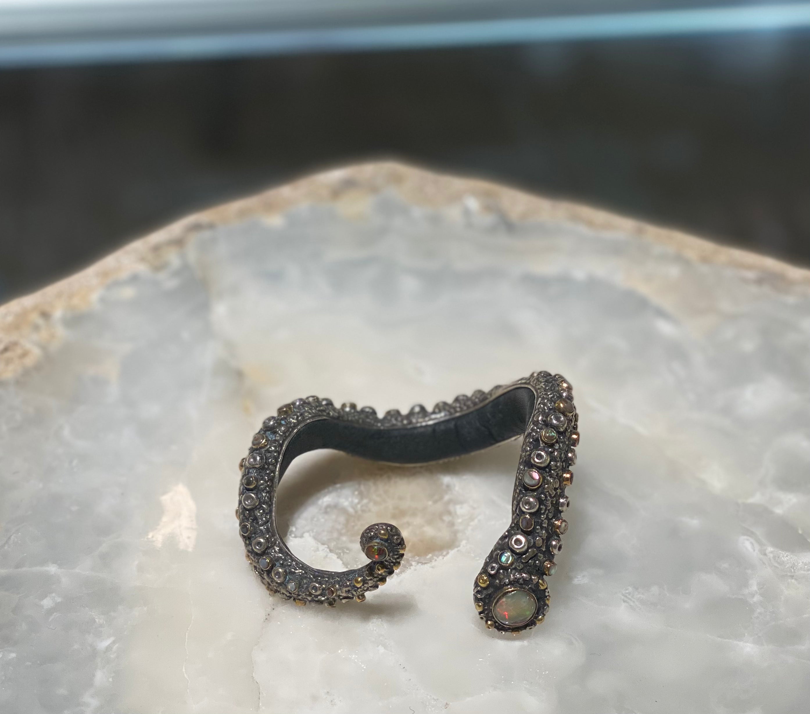 Opal Silver Tentacle Cuff Bracelet - Unique Gothic Jewelry for Women, Handmade Octopus Armlet - Perfect for Costume Parties, Cosplay & Alternative Fashion