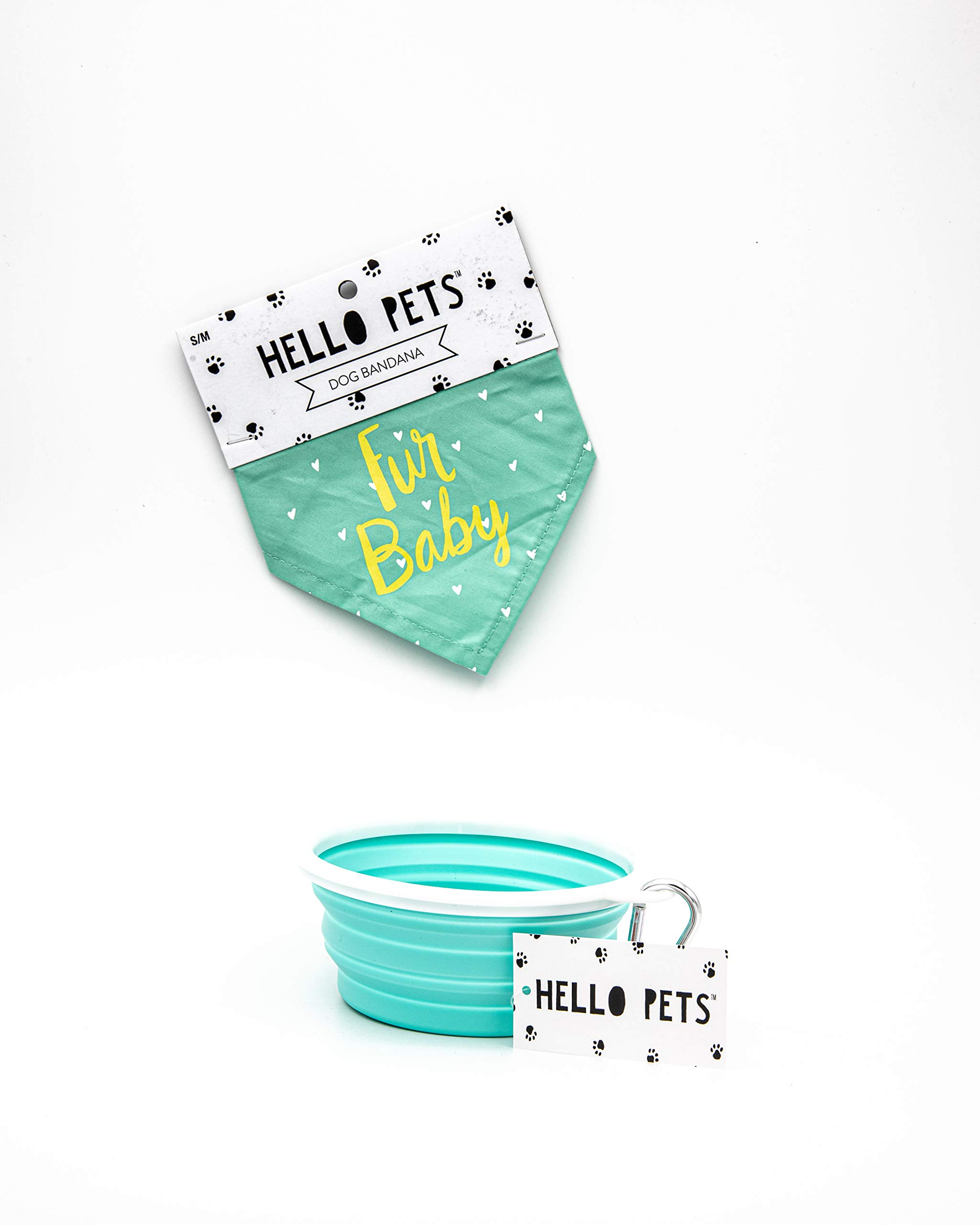 Premium Hello Pets Bundle - 100% Cotton Pet Bandana & Collapsible Dog Bowl Set - Durable Dog Accessories for Travel, Hiking & Outdoor Adventures - Perfect Gift for Pet Lovers