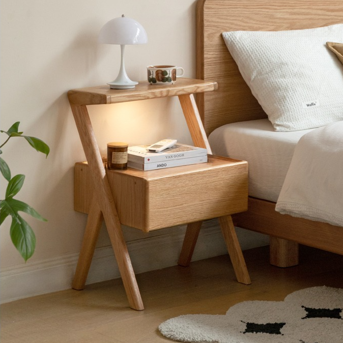 Solid Oak Wood Nightstand with Built-in LED Light - Modern Bedside Table for Bedroom, Living Room & Office