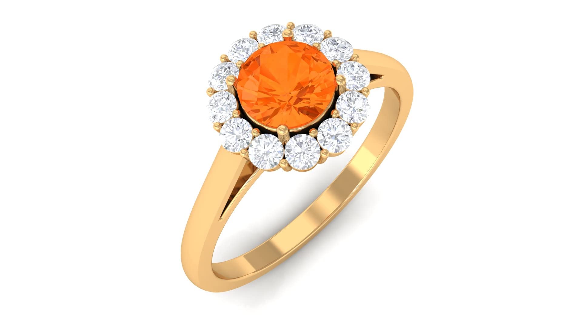 14K Solid Gold Fire Opal and Diamond Ring - Round Cut Genuine Opal with Floating Halo, October Birthstone Jewelry for Women, Perfect Gift for Anniversary, Birthday, and Special Occasions