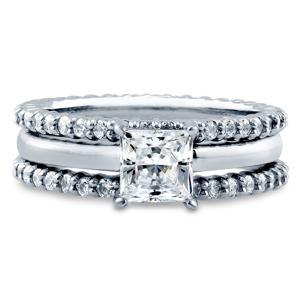 Sterling Silver 1 Carat Princess Cut Cubic Zirconia Engagement Ring Set for Women - Solitaire Wedding Band, Rhodium Plated Size 4-10 - Perfect for Proposals, Anniversaries & Special Occasions