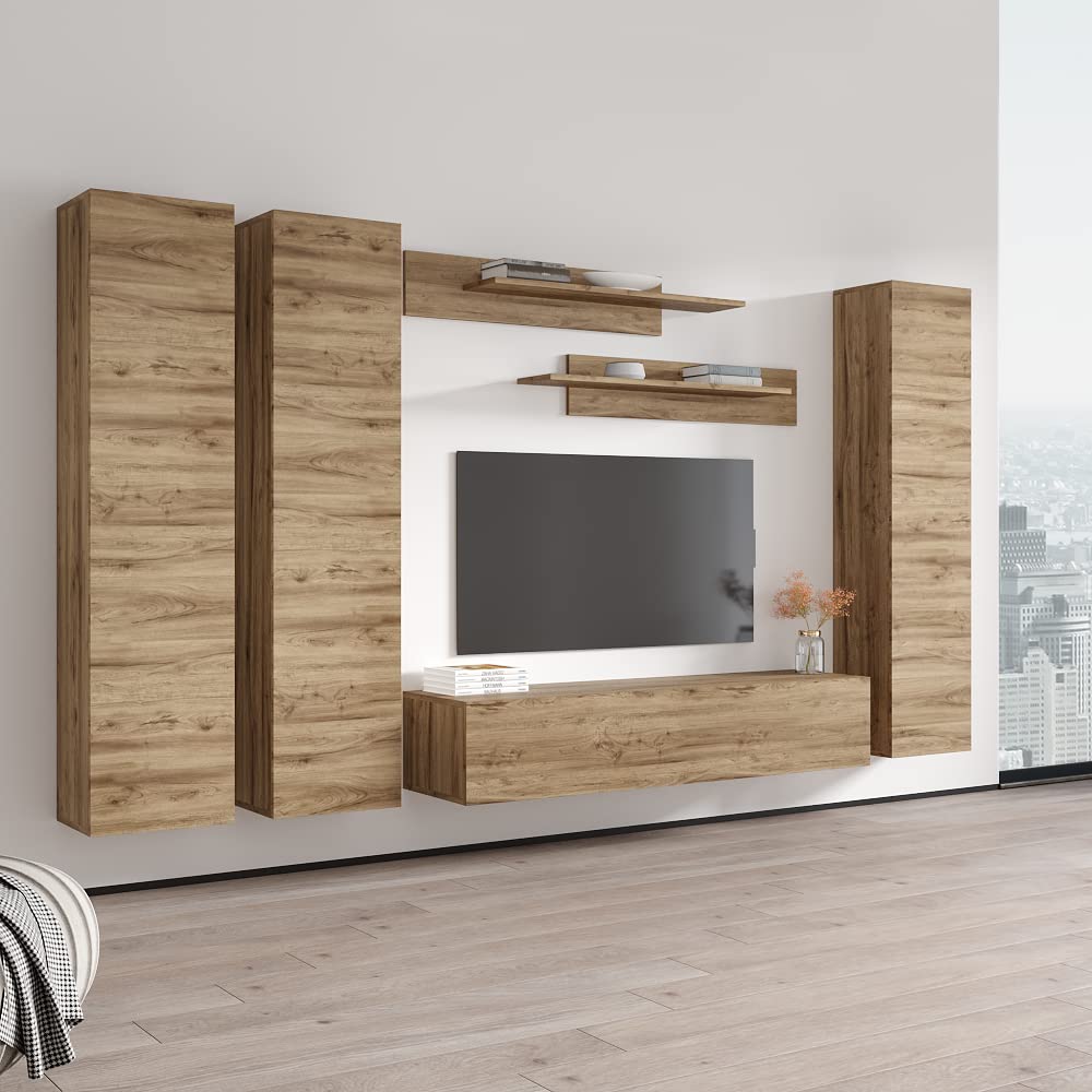 Modern Oak Wall-Mounted TV Stand with Storage Shelves & LED Lights - Floating Entertainment Center Console for Bedroom & Living Room - Perfect for Small Spaces & Home Theater Setup - Meble Furniture Fly CD1 30TV Stand