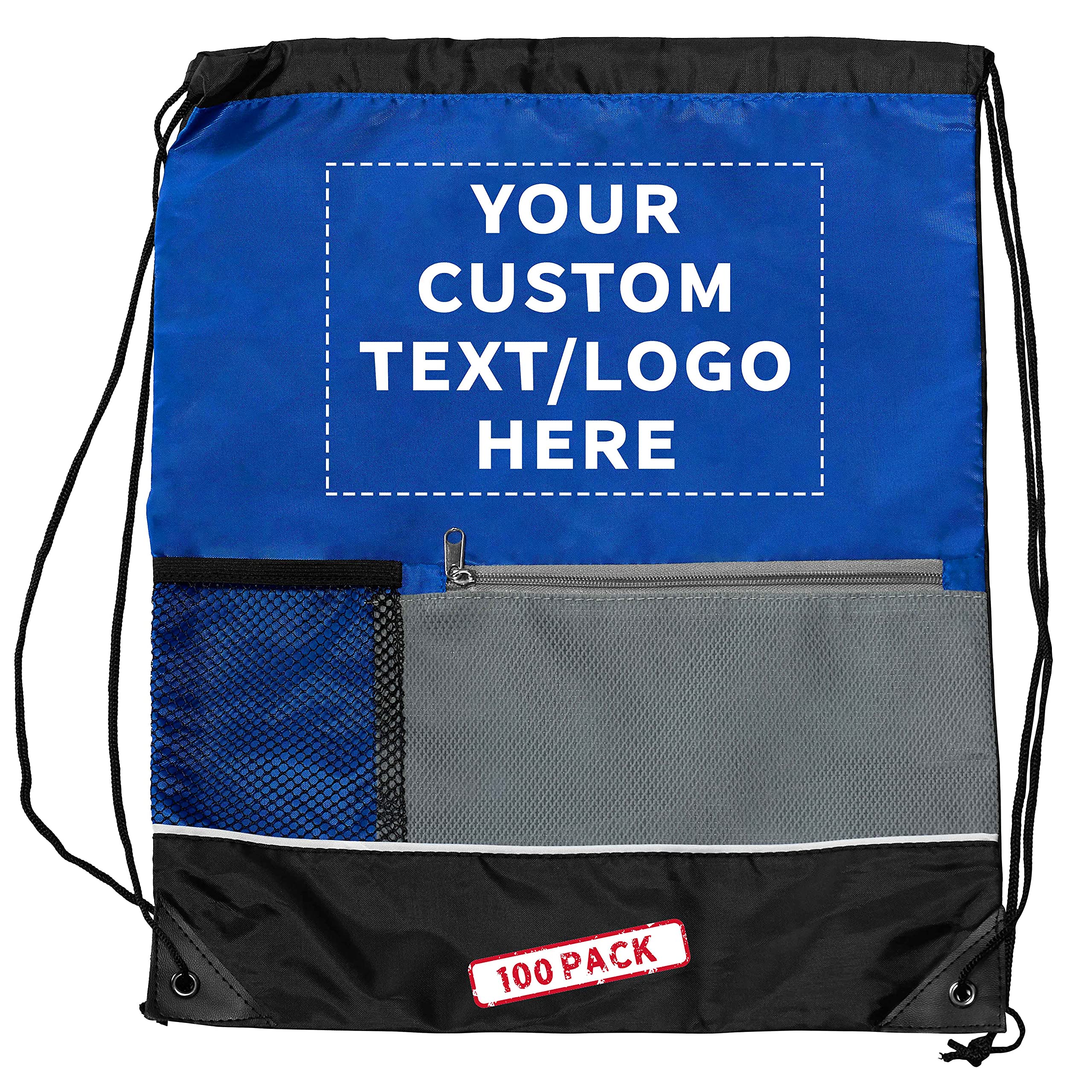 Custom Front Pocket Drawstring Backpacks - Bulk Pack of 100 Personalized Reusable Bags | Lightweight Sports & Promotional Backpacks in Blue | Perfect for School, Gym, Travel & Events